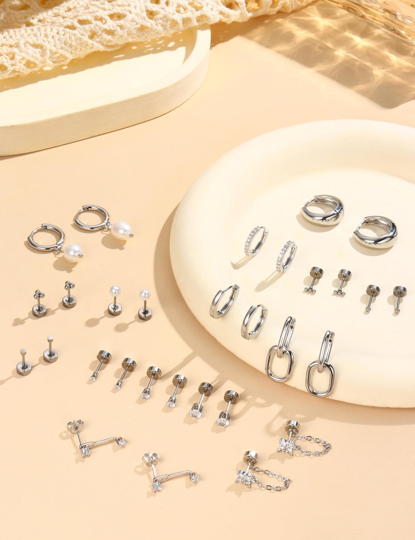 LOLIAS Flat Back Earrings for Women Hypoallergenic Surgical Steel Earrings for Sensitive Ears-20G Cartilage Earring Stacks 14K Gold Plated Hoops Flatback Stud Earring Sets for Multiple Piercing