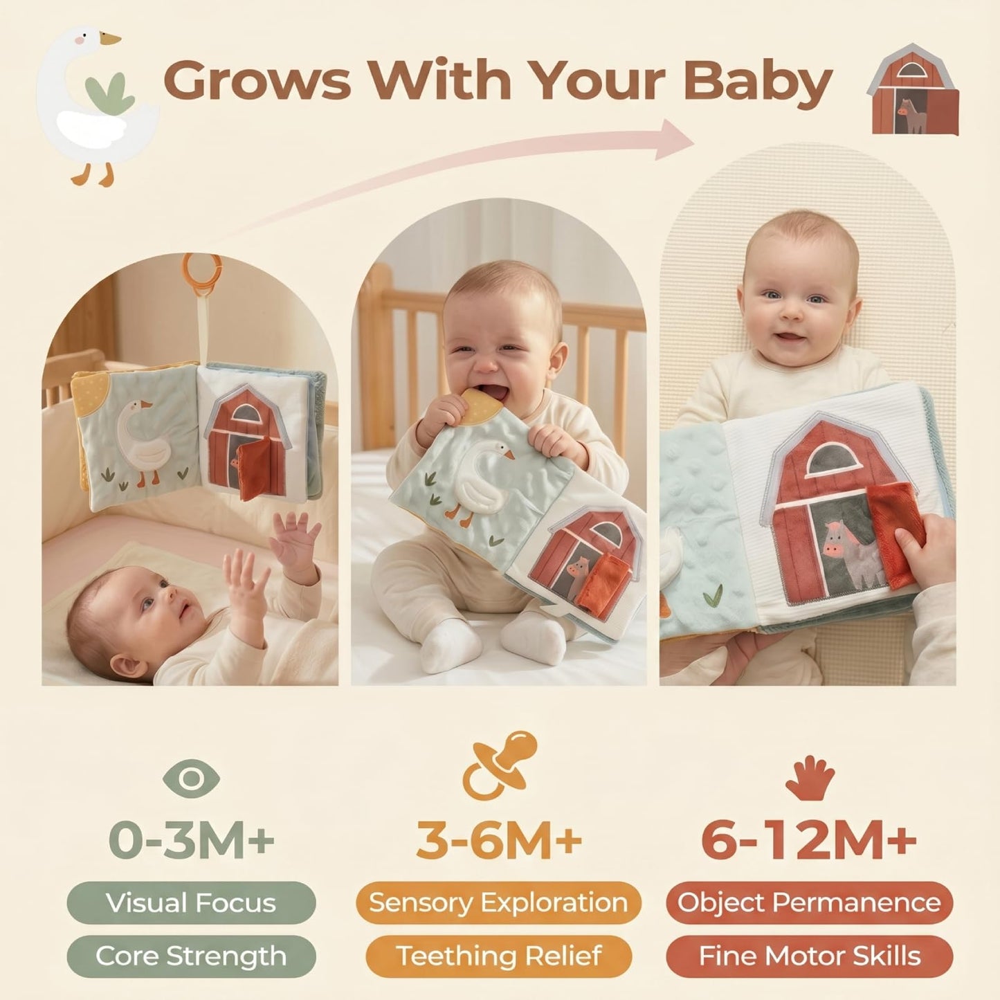 let's make Interactive Soft Baby Book for Babies 0-12 Months, Farm Story Sensory Cloth Book with Teether & Mirror, Newborn Tummy Time Activity Toy, Crinkle Stroller Toy for Infants