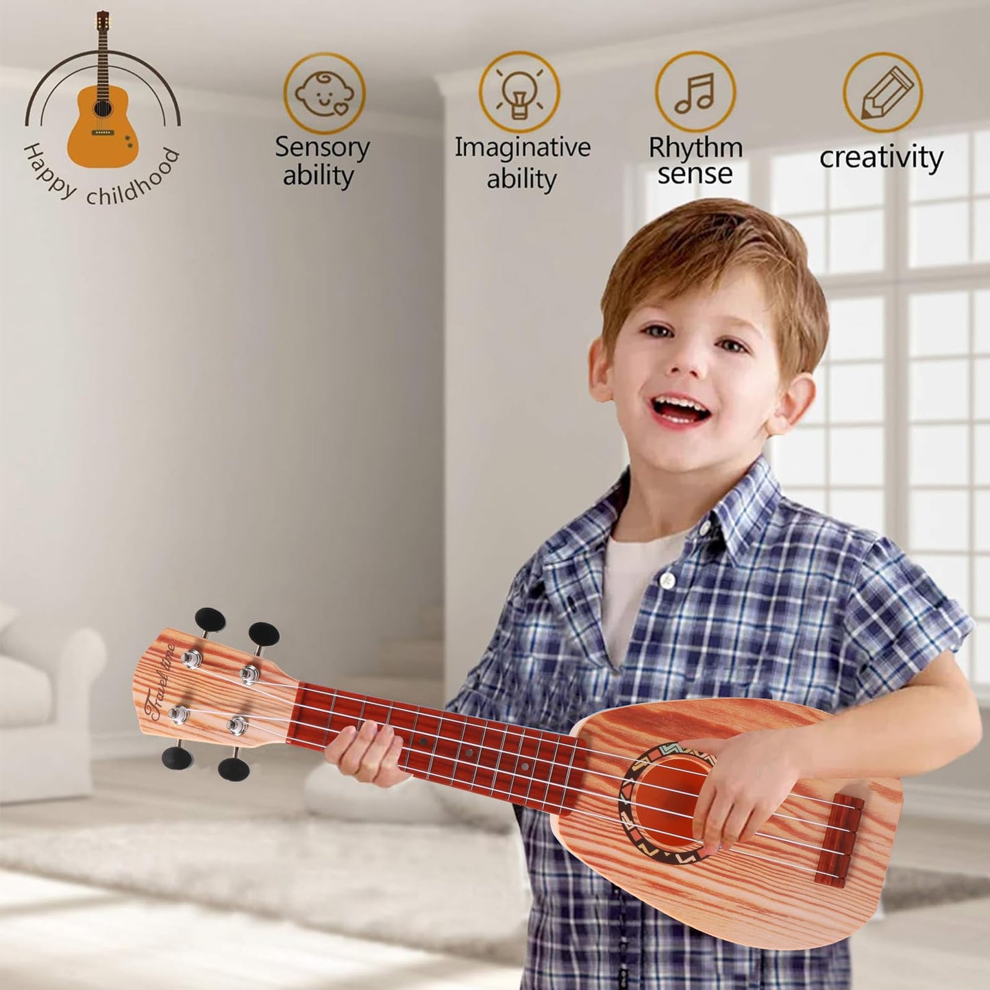 YOLOPARK 17" Kids Toy Guitar for Girls Boys, Mini Toddler Ukulele Guitar with 4 Strings Keep Tones Can Play for 3, 4, 5, 6 7 Year Old Kids Musical Instruments Educational Toys for Beginner (Wood)