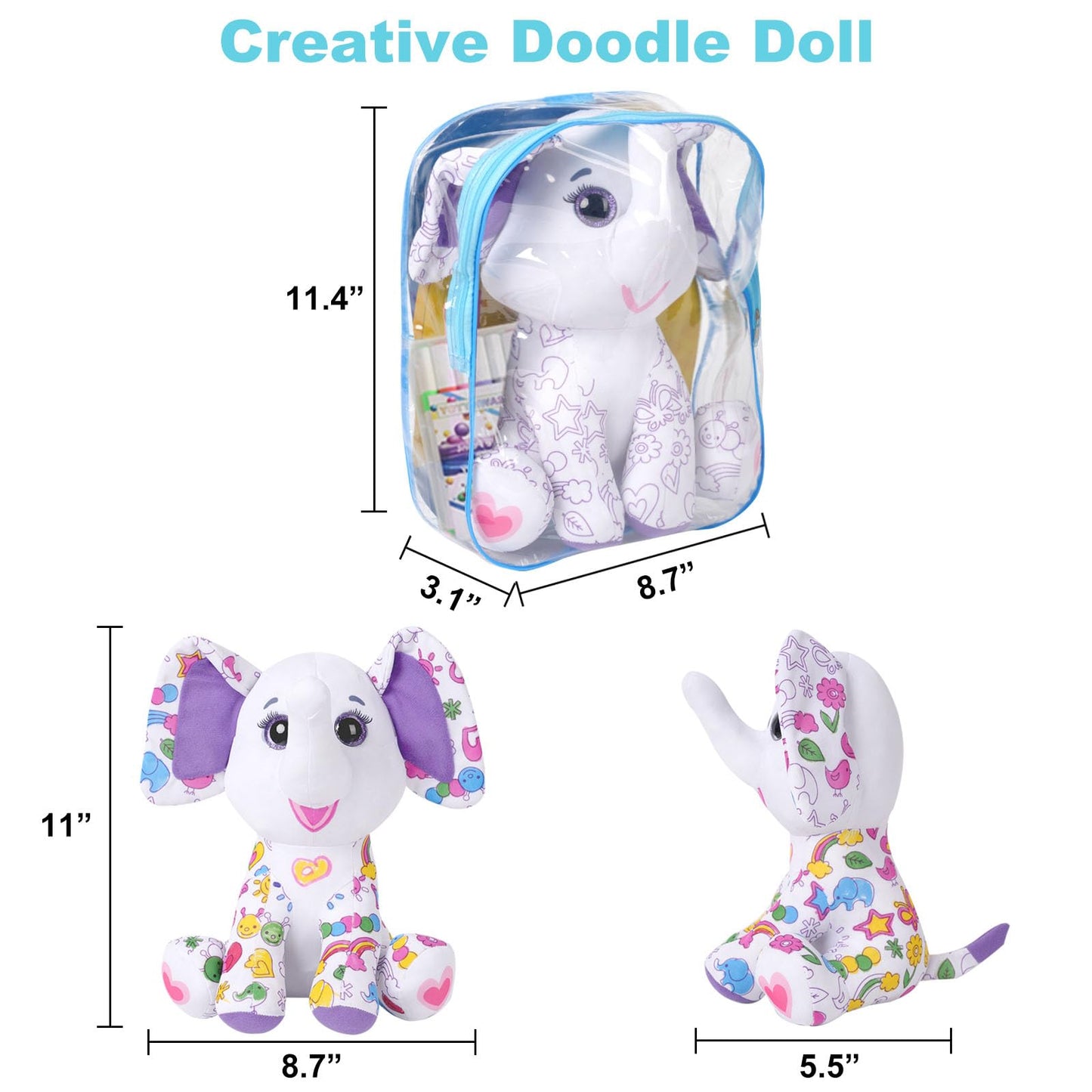 DRAWMYTOY DIY Coloring Plush Toy with Washable Markers, Scribble Pets Stuffed Animal, Doodle Dolls Art Toy for Boys and Girls Ages 3-8, Birthday Gift (Elephant)