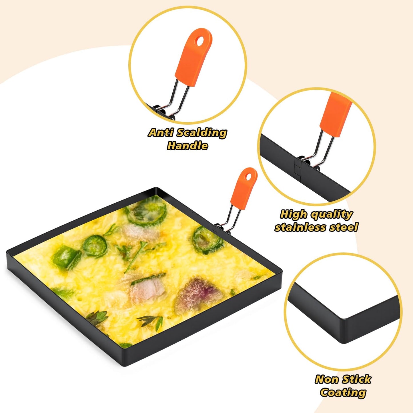 Patelai 6 Pack Square Egg Ring 4 Inch and 6 Inch Stainless Steel Frying Egg Molds Griddle Pancake Shapers with Orange Silicone Handle Oil Brush for Household Breakfast Omelette Sandwich Cooking Tool