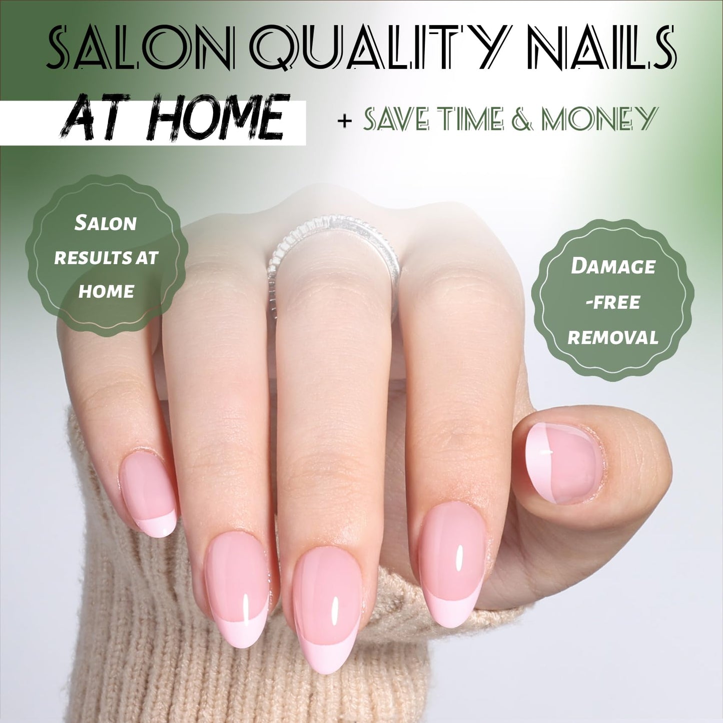 Pink French Tip Press On Nails - Short Almond Fake Nails with Nail Glue, Pink French Tip Press On Nails Reusable Stick On Nails in 16 Sizes 32 Nail Kit for Women | Salon Quality