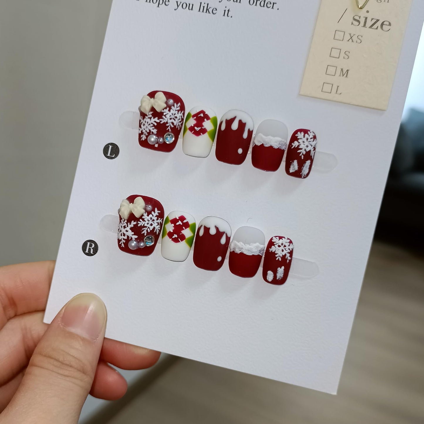 TENPAL Squoval Press on Nails -Acrylic Red Velvet Matte with Pearl Plaid & Snowfall Design | Handmade Winter Elegant Fake Nails with Tools | Christmas Party Gift Set(S)