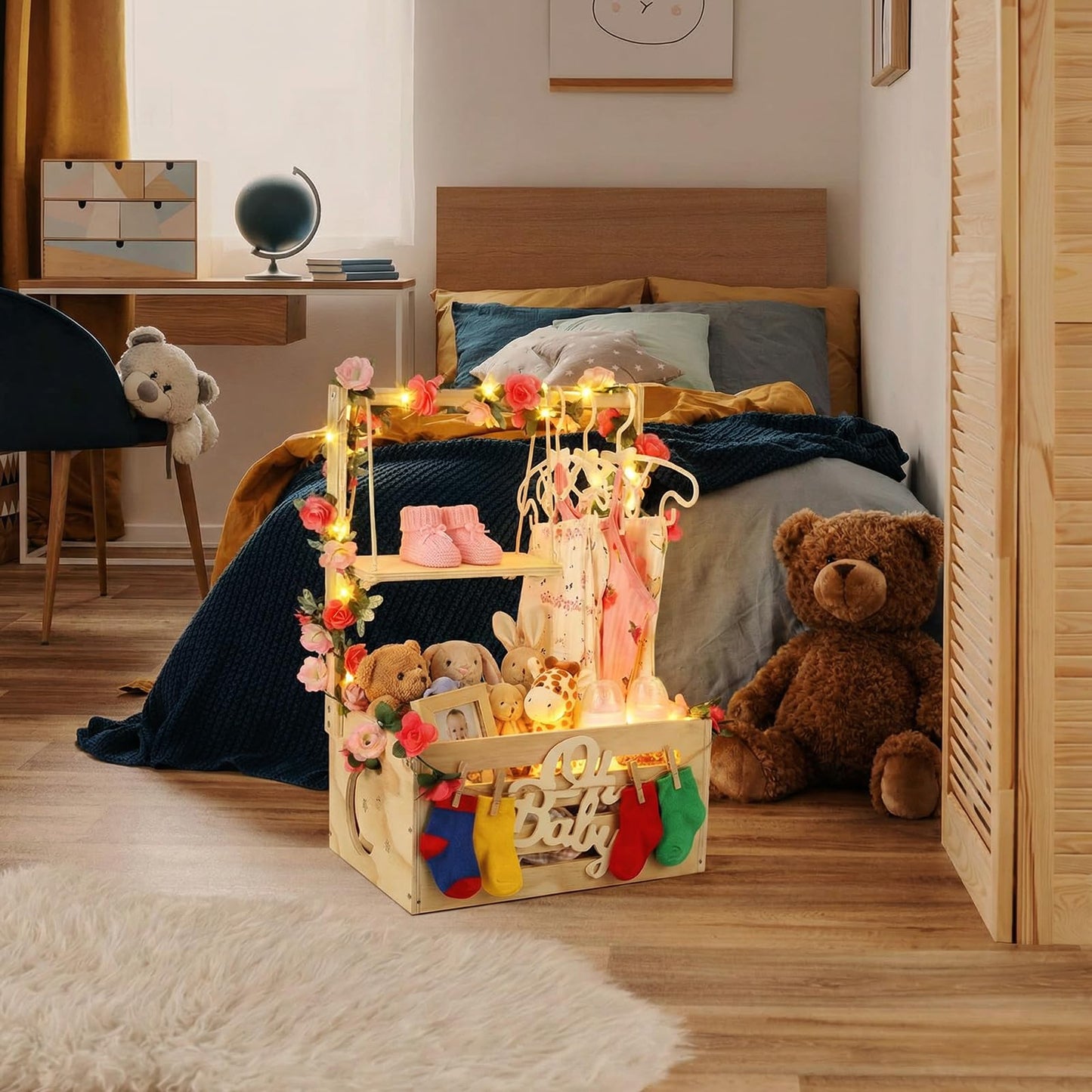 Wooden Baby Shower Crate Closet, Personalized Baby Gift Basket with Adjustable Handle, Include String Lights, Garland, 6 Hangers & 6 Clips - Unique Newborn Gift for Boys & Girls, Baptism,Birthday