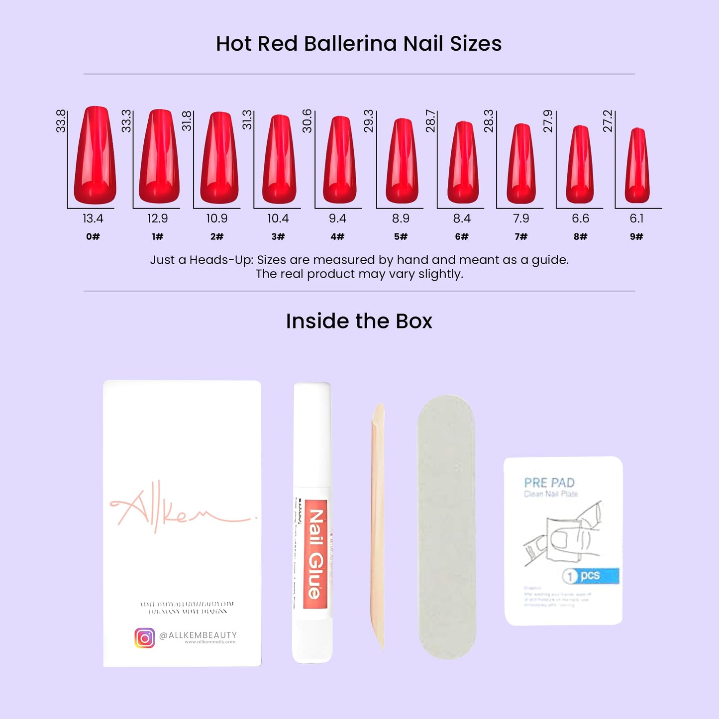 Allkem Press On Nails - Hot Red Glossy Extra Long Ballerina Multipack | 10 sizes - 100 pcs False Nails Full Cover Nail Kit with Glue