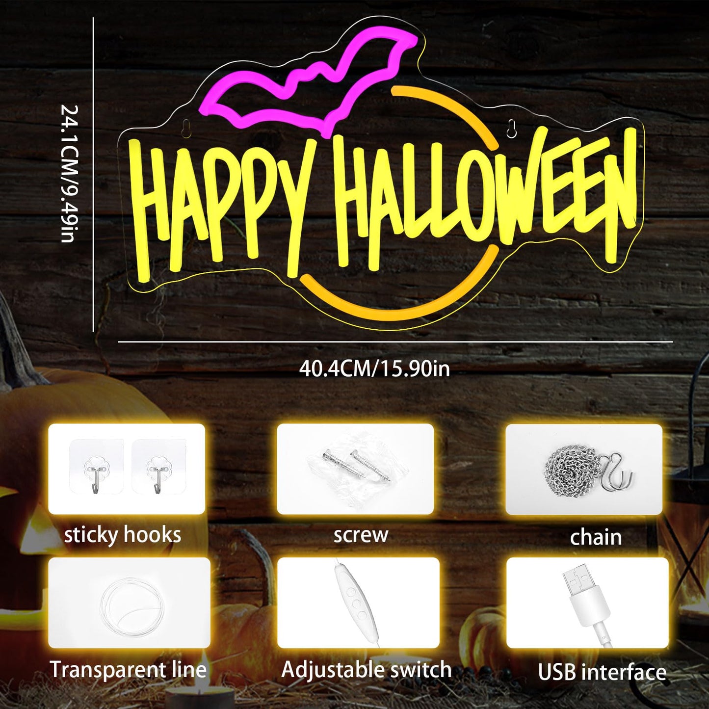 Gevbay Happy Halloween Neon Sign Bat LED Light Up for Bedroom Home Bar Halloween Decor Trick or Treat Party Backdrop USB Powered
