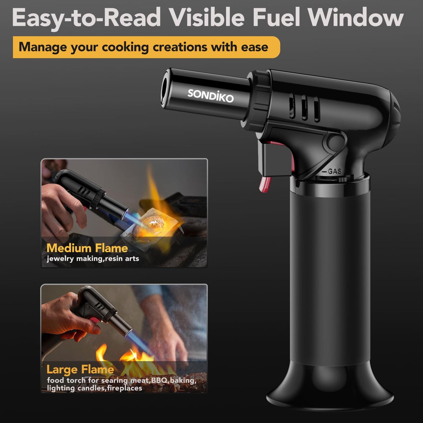 Sondiko Butane Torch Lighter with Visible Fuel Window, Refillable Soldering Torch with Adjustable Flame for Welding, Resin Art, Industrial(Butane Gas Not Included)