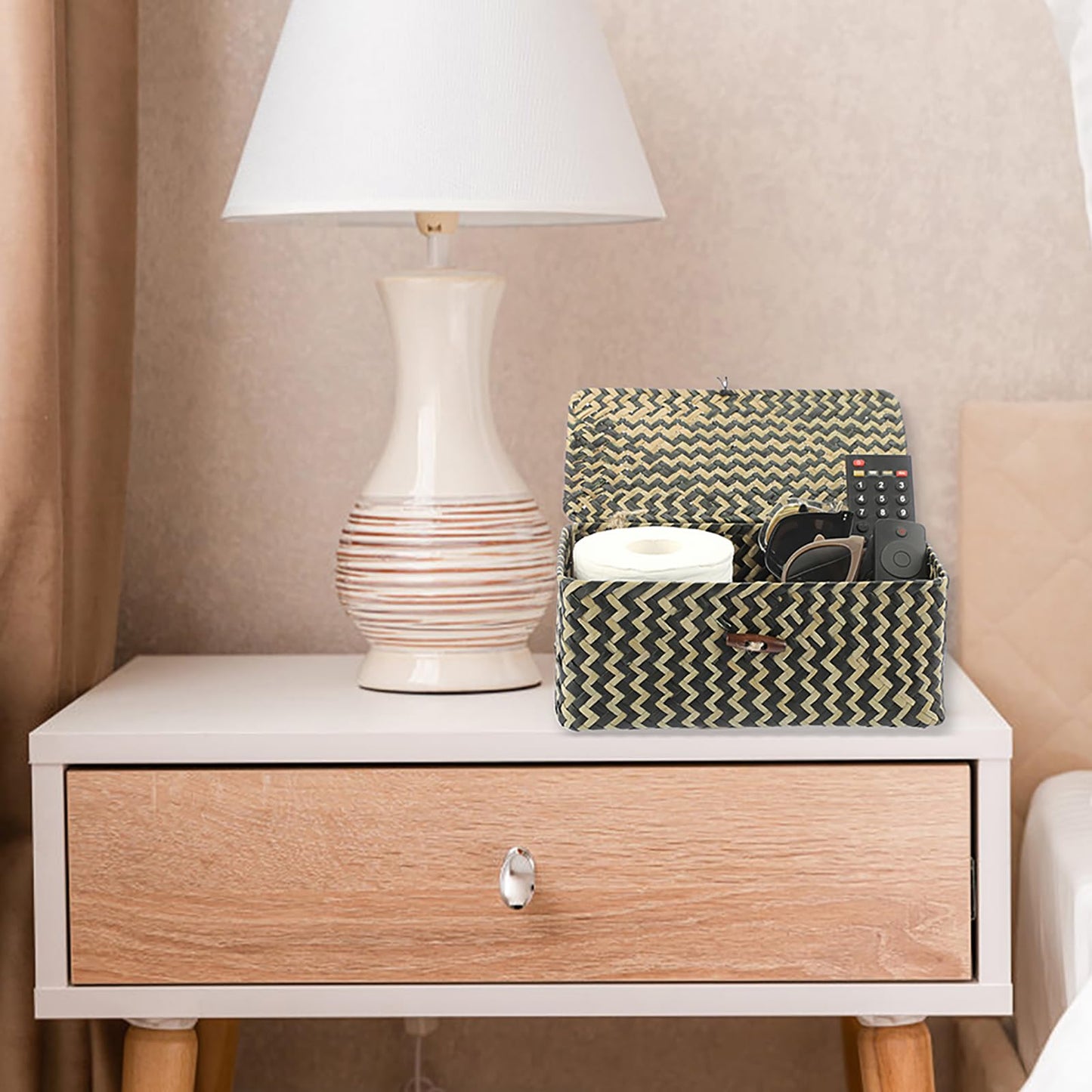 Hipiwe Seagrass Storage Baskets with Lid Woven Wicker Storage Bins for Organizing Natural Rectangular Home Organizer for Bedside Living Room Entryway Table,10.2" x 6.3" x 3.9"