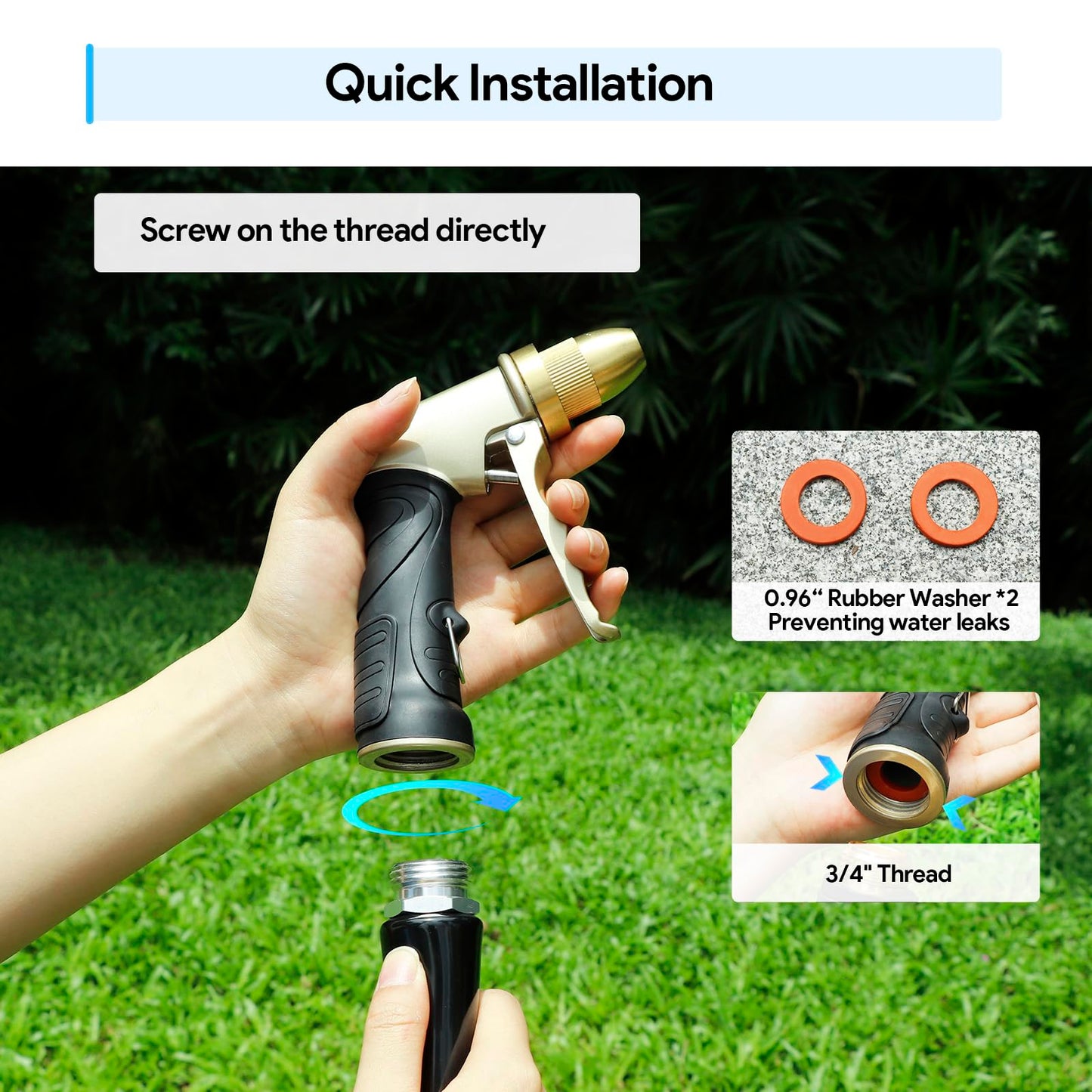 Qxiaozhan Garden Hose Nozzle Heavy Duty, Metal Hose Sprayer Nozzle with High Pressure, Adjustable Spray Patterns, 3/4" Thread, Suit for Lawn Care, Watering Plants, Car, Pet, Outdoor