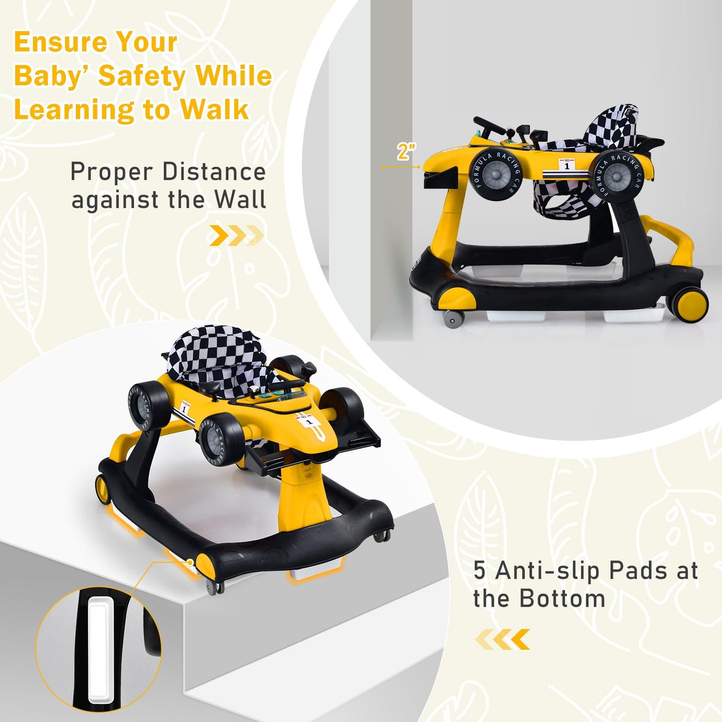 GLACER Foldable Baby Walker, 4-in-1 Infant Walker with Adjustable Height & Speed, Music, Light, Steering Wheel & Washable Cushion, Baby Walker Activity Center for Boys Girls 6 –18 Months (Yellow)