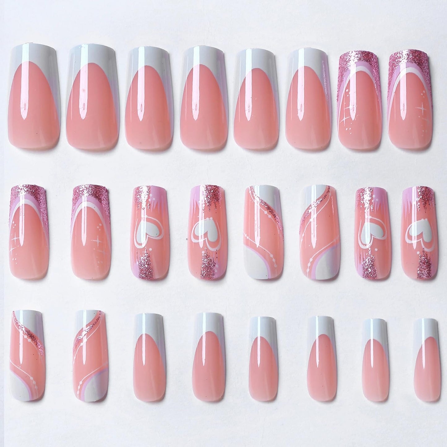 MISUD Press on Nails - Long Square Fake Nails with Pink White, Acrylic Heart Glitter Design 24 pcs
