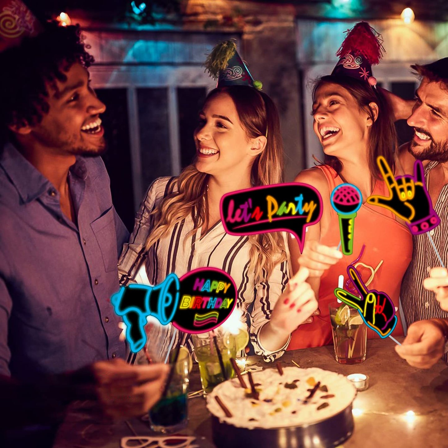 KEPATO 16 Pcs Glow Neon Photo Booth Props with Stick Fluorescent Neon Party Supplies for Birthday Disco Black Light Party ﻿