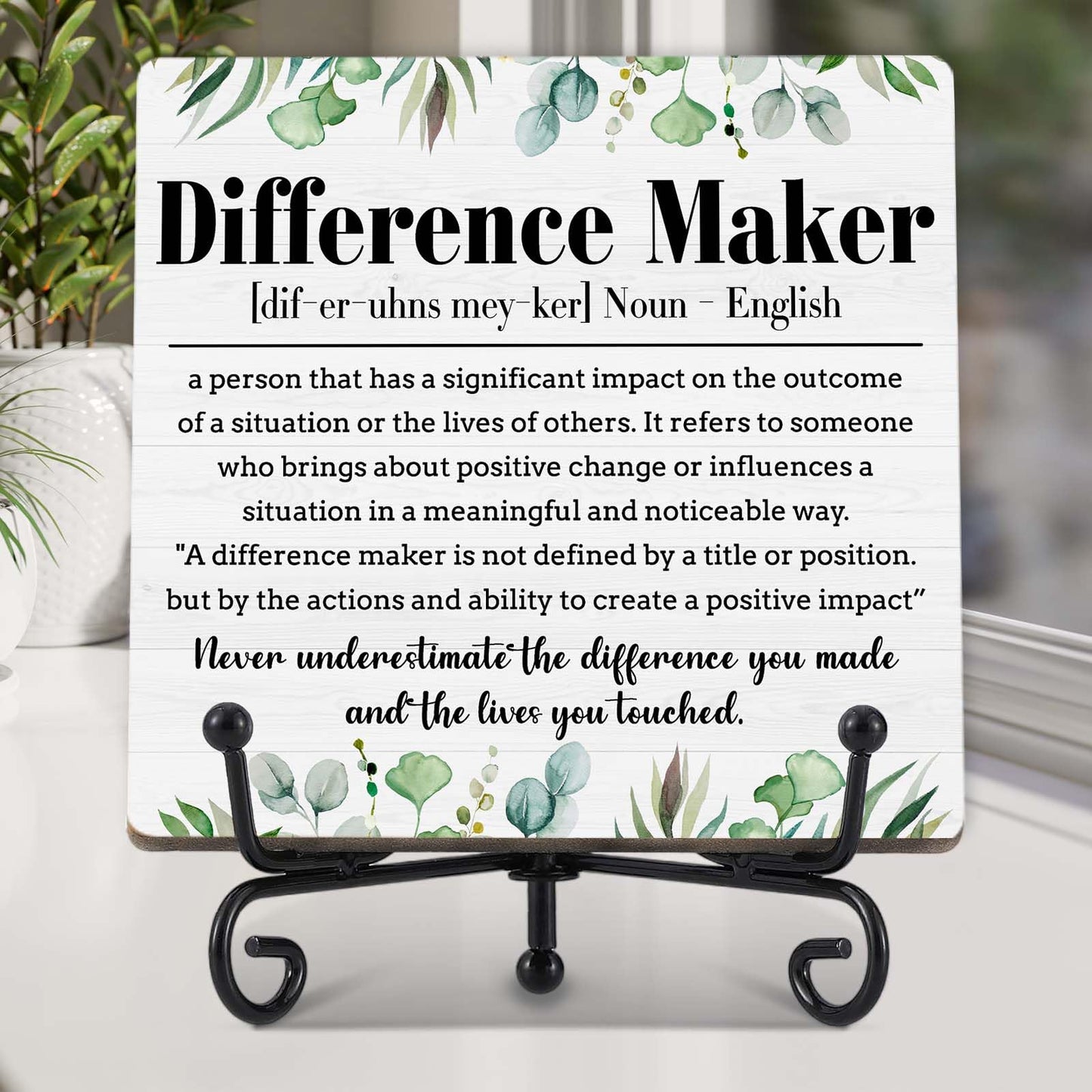 OXRUN Difference Maker Gift，Greenery Thank You Gifts for Teacher Boss Coaches Leader Coworkers Therapist Supervisor, Teacher Desk Plaque Office Decor - E03