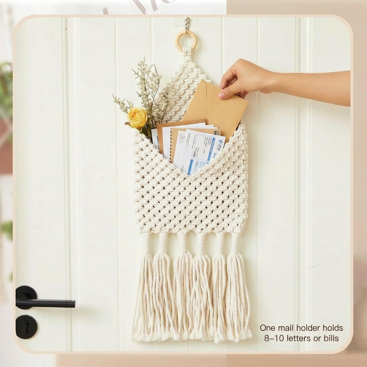 Marspark 2 Pack Boho Mail Holder for Wall, Handwoven Mail Organizer with Hooks, Cotton Rope Hanging Basket for Letters, Keys and Small Items for Entryway Home Office Hallway Decor, White