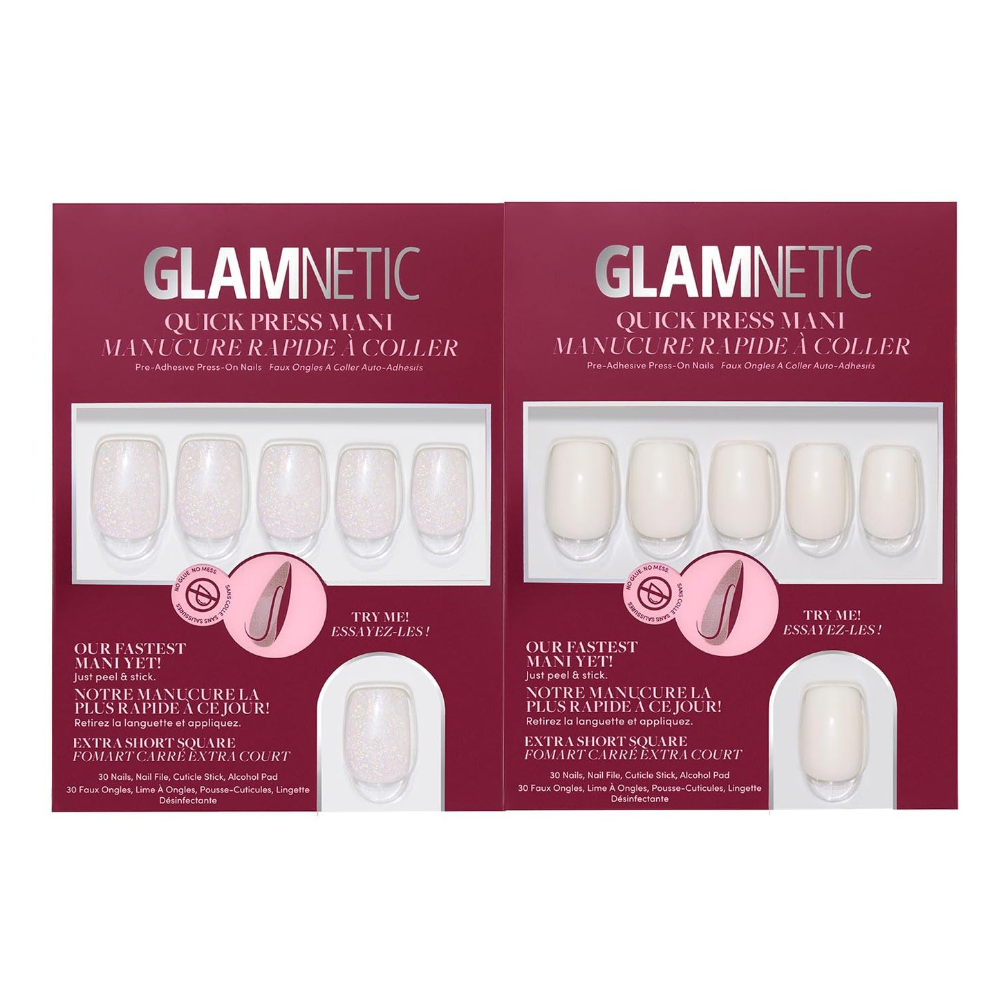 Glamnetic Quick Press Mani Bundle - No Glue Press On Nails, Just Peel and Stick | Daydream Veil & Porcelain | Mess Free Salon Quality Stick On Nails | Square Extra Short Nails