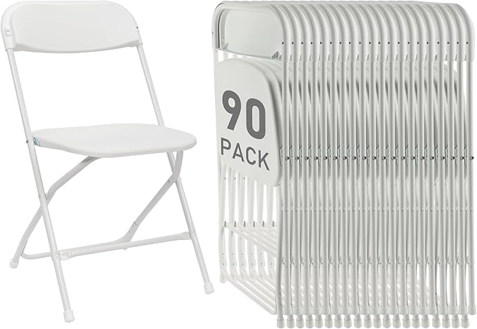 90 Pack White Plastic Folding Chairs, Portable Party Chairs, Stackable Commercial Seats with Steel Frame for Home Office Wedding Party Indoor Outdoor Events Chairs, 350lbs Capacity