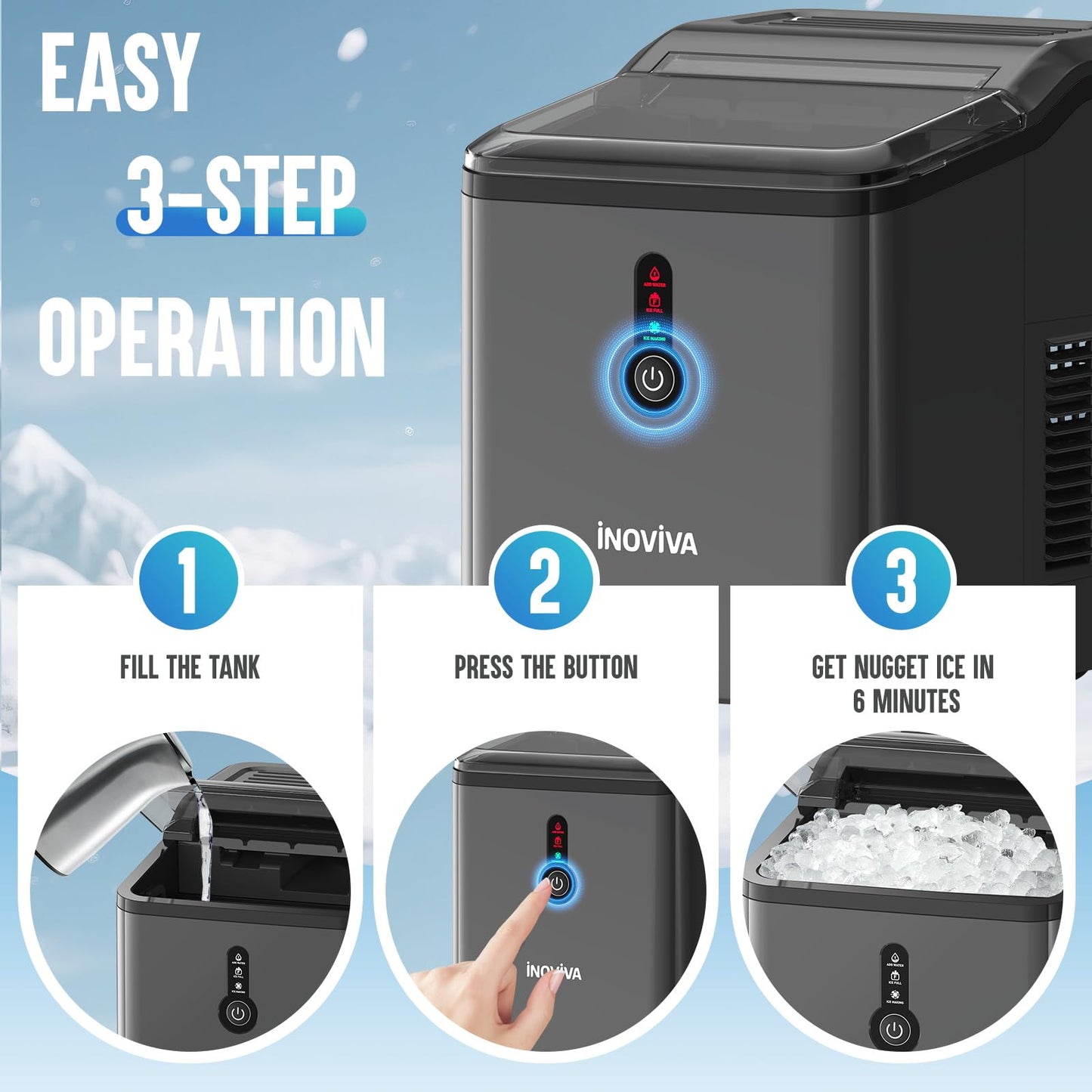 INOVIVA Nugget Ice Maker Countertop – 6 Mins Fast Ice Production, FLASHCHILL™, 26.5 LBS/Day, Self-Cleaning, Compact Portable Design, Ideal for Home, Office & Parties