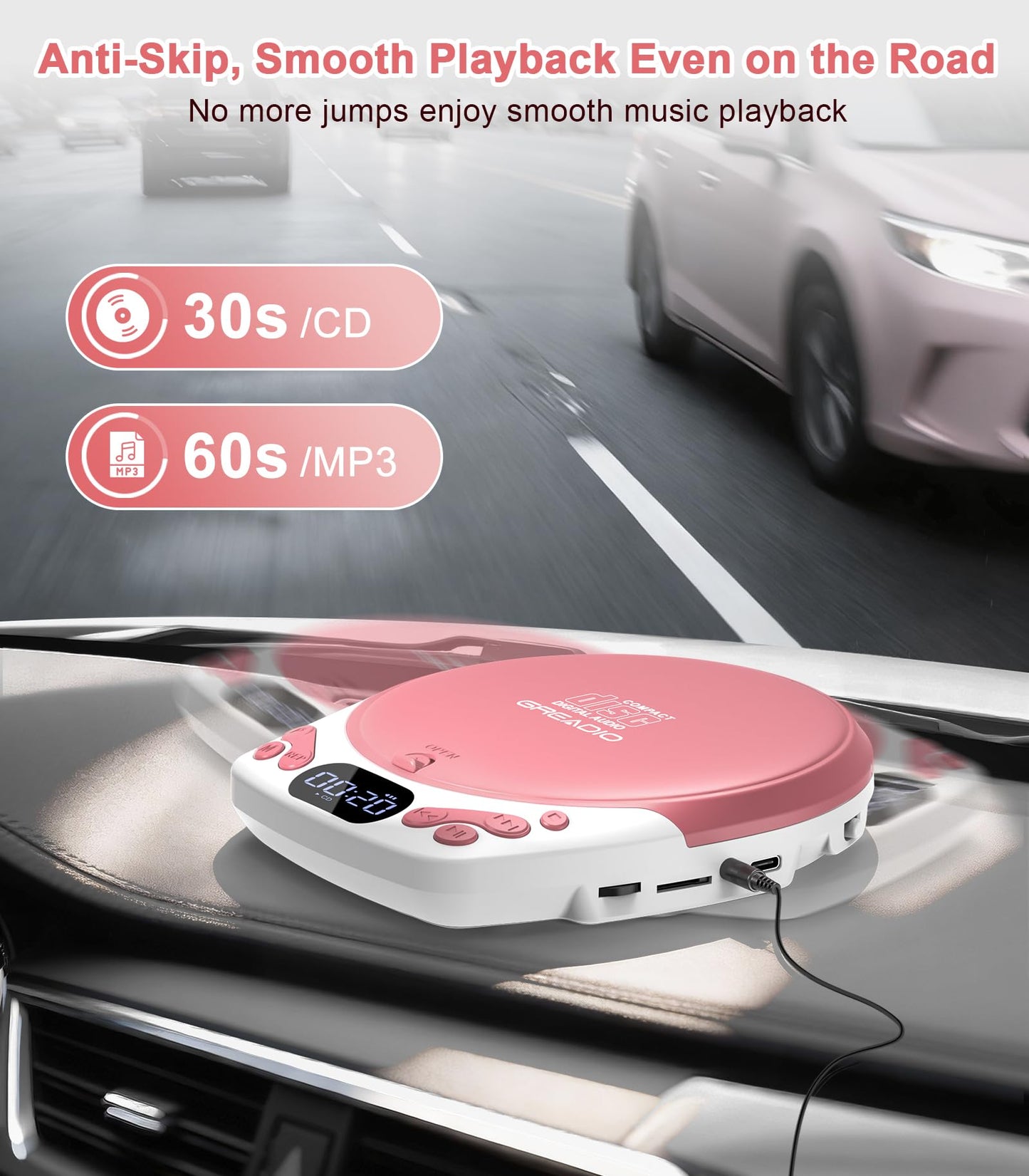 Greadio Discman CD Player with Headphones, Portable Pink CD Player for Car & Home, Rechargeable CD Players with 60s Anti-Skip, Supports CD/MP3/WMA/TF Card/AUX, Backlit/Lock/Programmable/Timer
