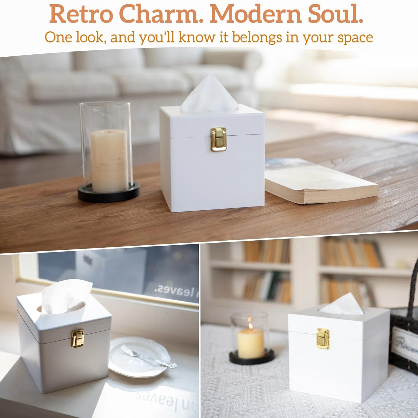 White Square Tissue Box Cover with Metal Switch, Tissue Box Holder with Lid, Solid Wood Countertop Bathroom Accessories, Office Decor, Home Decor for Bathroom Room