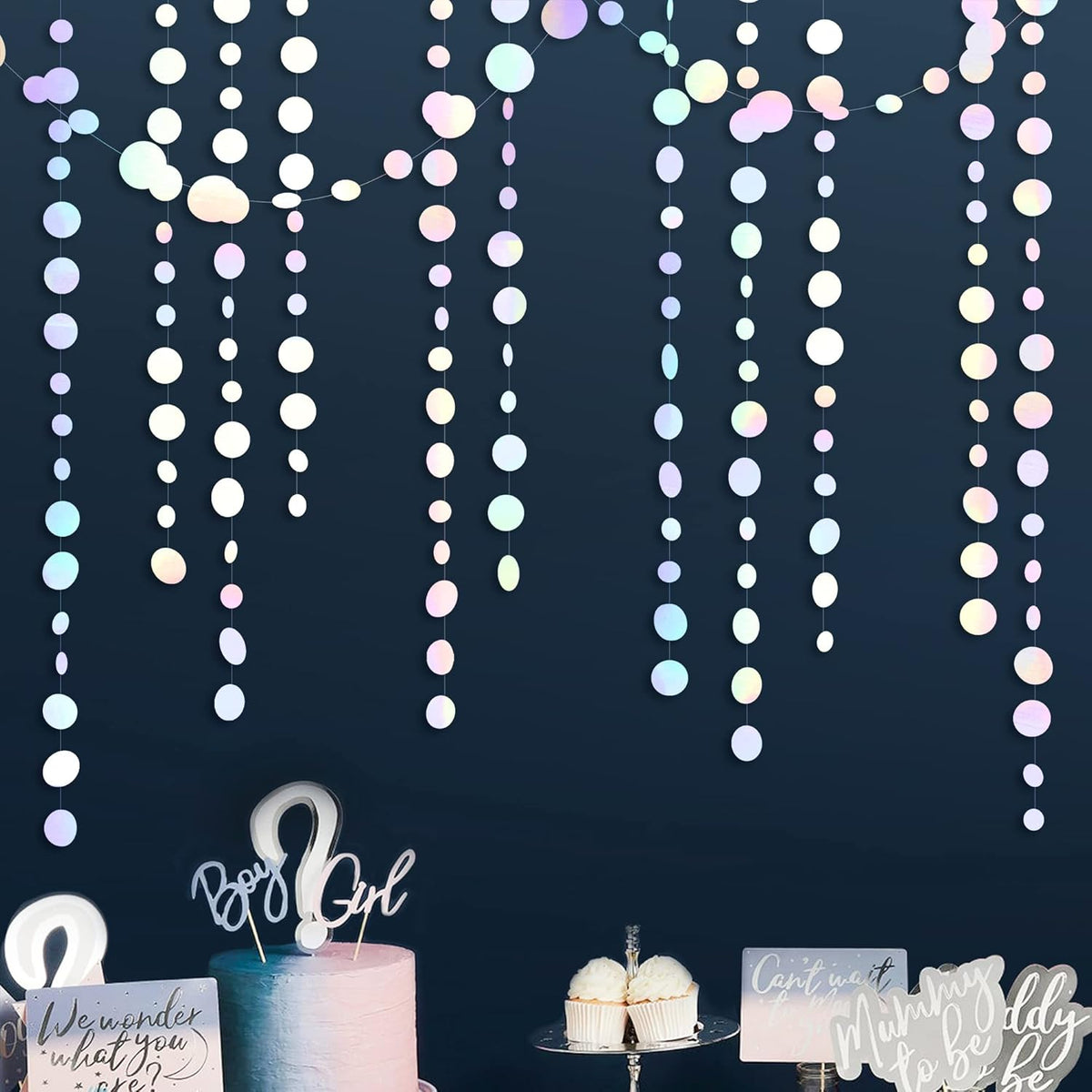 46 Ft White Iridescent Circle Dots Garland Hanging Holographic Polka Dots Streamer for Birthday Bachelorette Engagement Wedding Bridal Shower Galaxy Pastel Winter Christmas Party Decorations Supplies