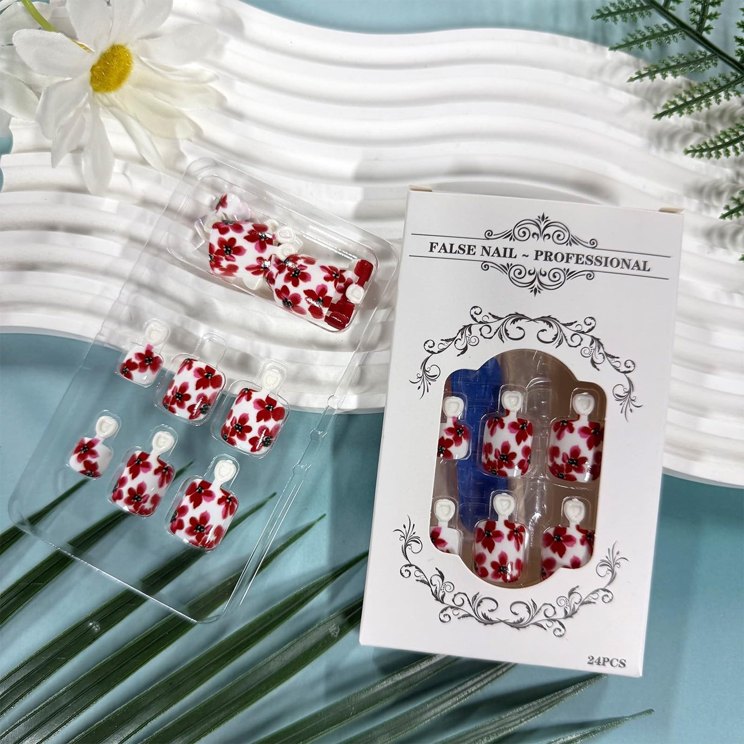Red Flower Press on Toenails Short Square Fake Toe Nails Spring Summer Toe Nail Press ons Acrylic False Toenails Glossy Full Cover Stick on Toes for Women Manicure 24Pcs