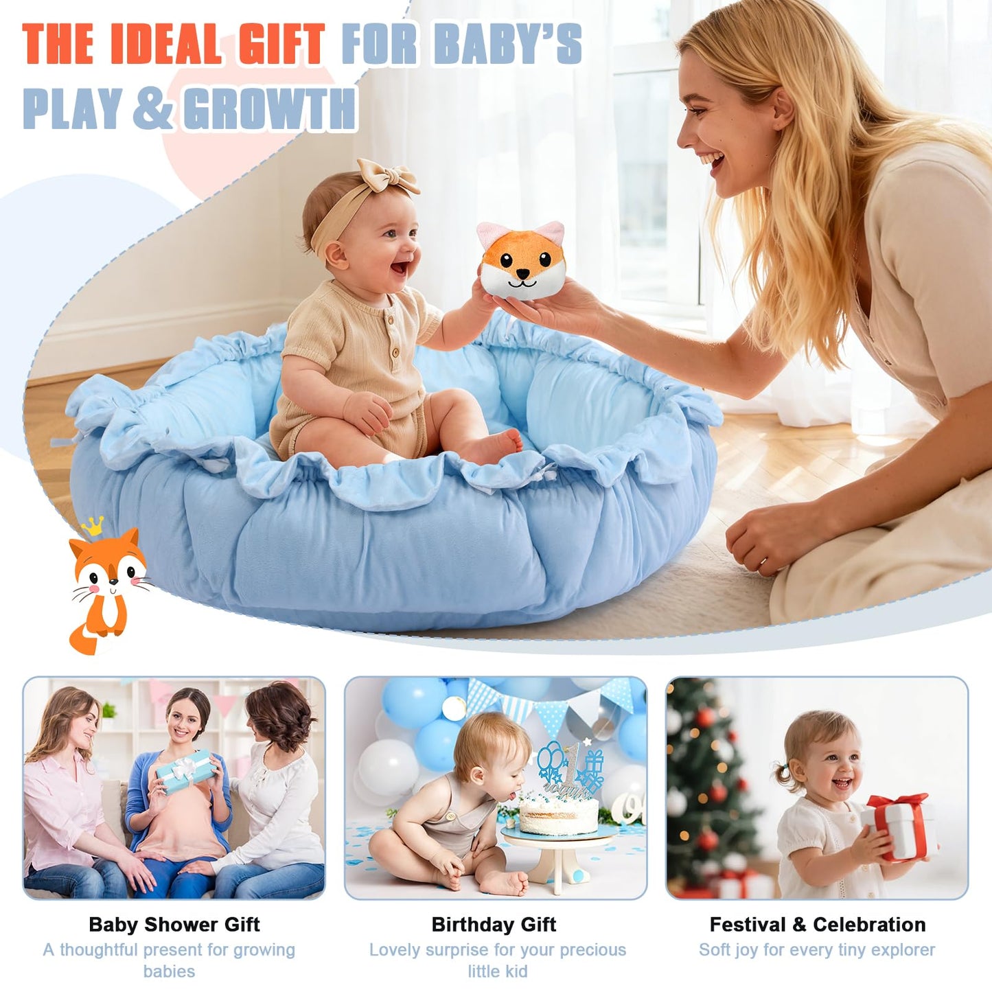 5-in-1 Baby Gym Play Mat with Cartoon Pattern, Extra Thick Plush Tummy Time Activity Gym with Hanging Toys, Sensory Development & Motor Skills Training Floor Mat, Fox