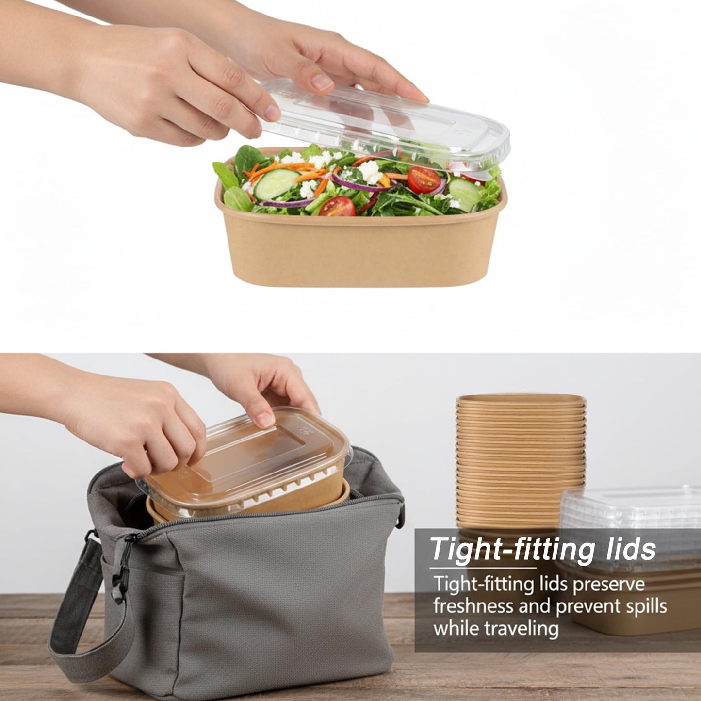Oqqlin 50 Pcs 19 oz Paper Bowls with Lids, Disposable Rectangular Food Containers Thickened Meal Prep Containers for Ice Cream, Soup, Yogurt, Salad