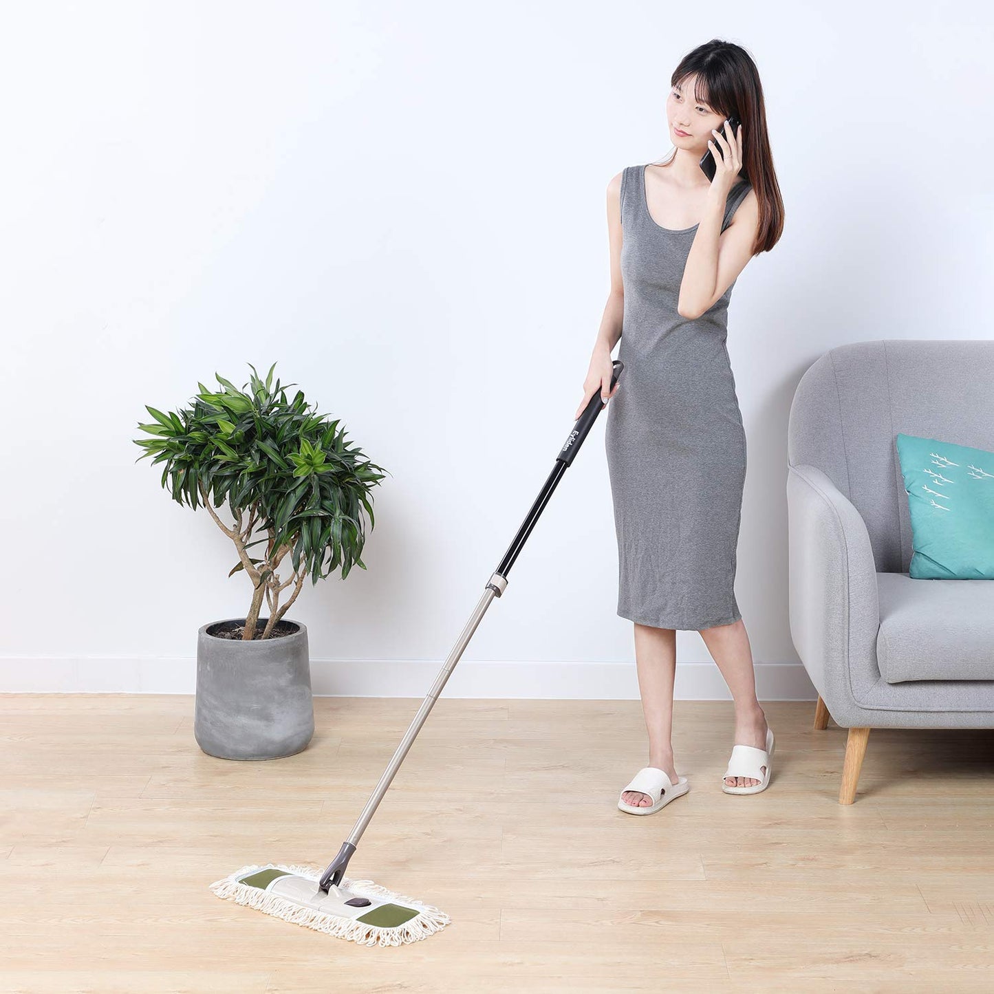 Eyliden Dust Mop with 2 Washable Pads for Hardwood & Tile Floors | 32.9"-52.6" Adjustable Handle, 360° Swivel, One-Touch Pad Release | Wet Dry Floor Cleaning Push Broom
