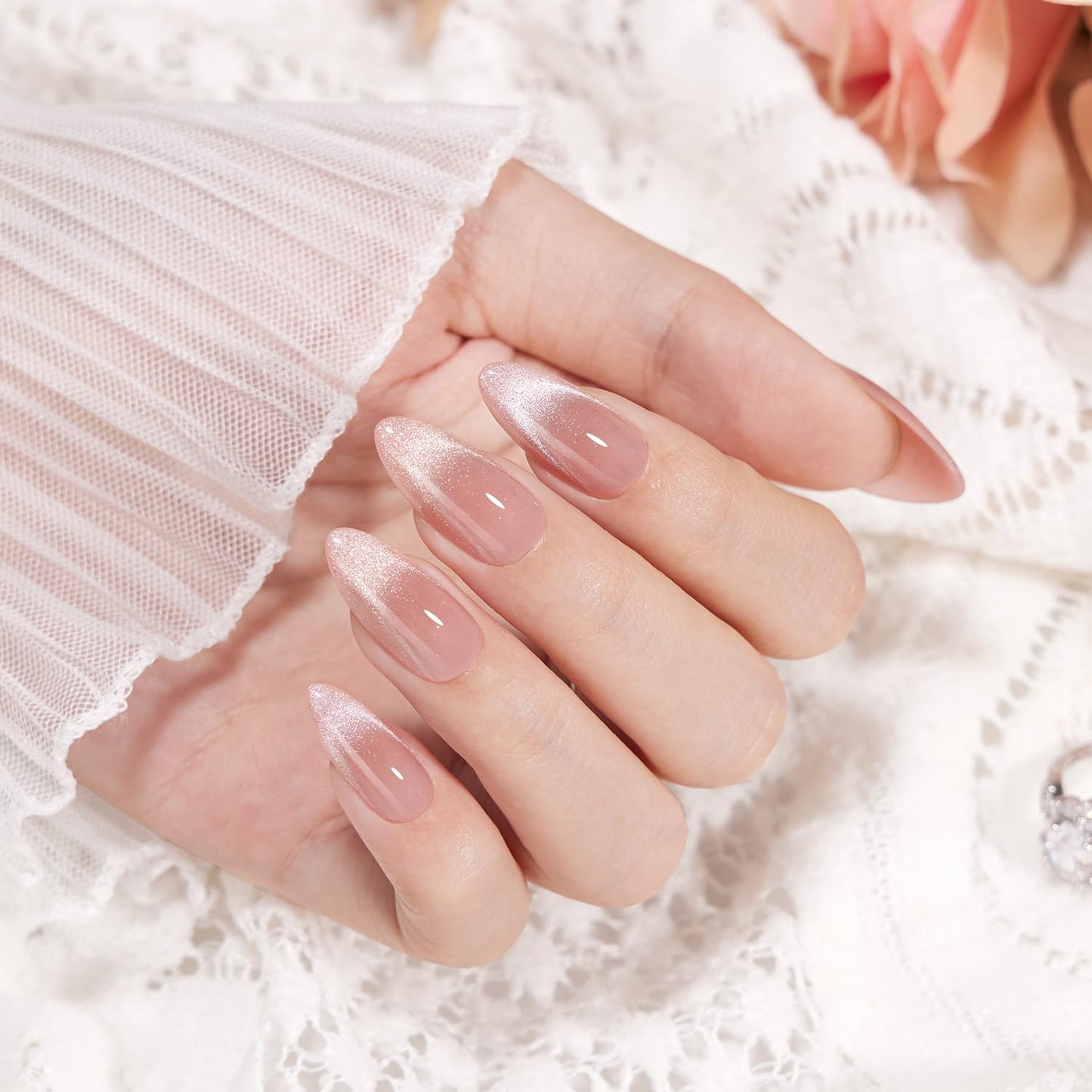 VSALON Press On Nails Almond Medium, Cat Eye French Tip Nude Pink Sparkly Fake Nails With UV Glue Reusable Semi-transparent Spring Wedding Stick On Nails 32 Pcs 16 Sizes