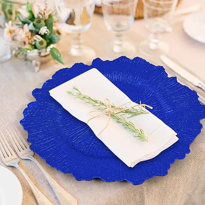 50 Pcs Royal Blue Charger Plates Bulk 13 Inch Plastic Charger Plates for Dinner Plate, Royal Blue Chargers for Table Setting, Reef Design Plate Floral Decorative Round Chargers for Wedding Party Event