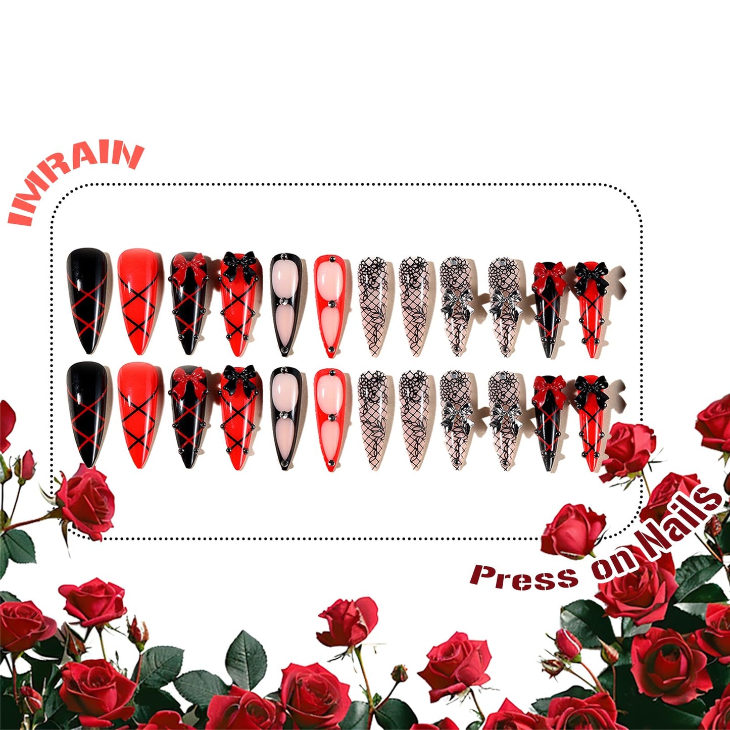 IMRAIN Long Press on Nails Stiletto Fake Nails Red Black False Nails Glossy Acrylic Full Cover Stick on Nails for Women Manicure 24Pcs