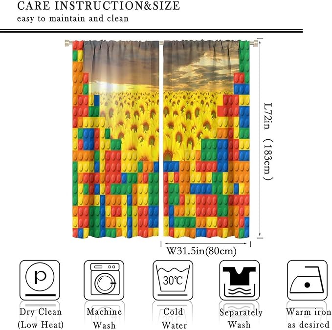 Colorful Building Blocks Sunflower Flower 3D Toy Printed Curtains, Building Blocks, Floral Sunflower Curtains, Interesting Brick 3D Design, Boys and Girls Room Curtain Panels, 2 Panels 63x72in