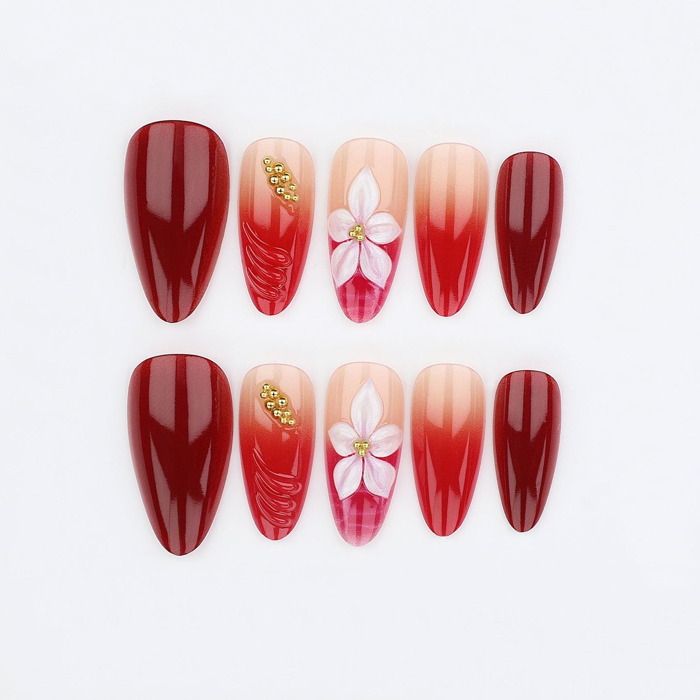 RUOKEXIN Almond Press on Nails French Tip Fake Nails Orange Ombre False Nails with 3D Flower Designs Medium Nail Press ons Sparkly Artificial Nails for Women 24Pcs