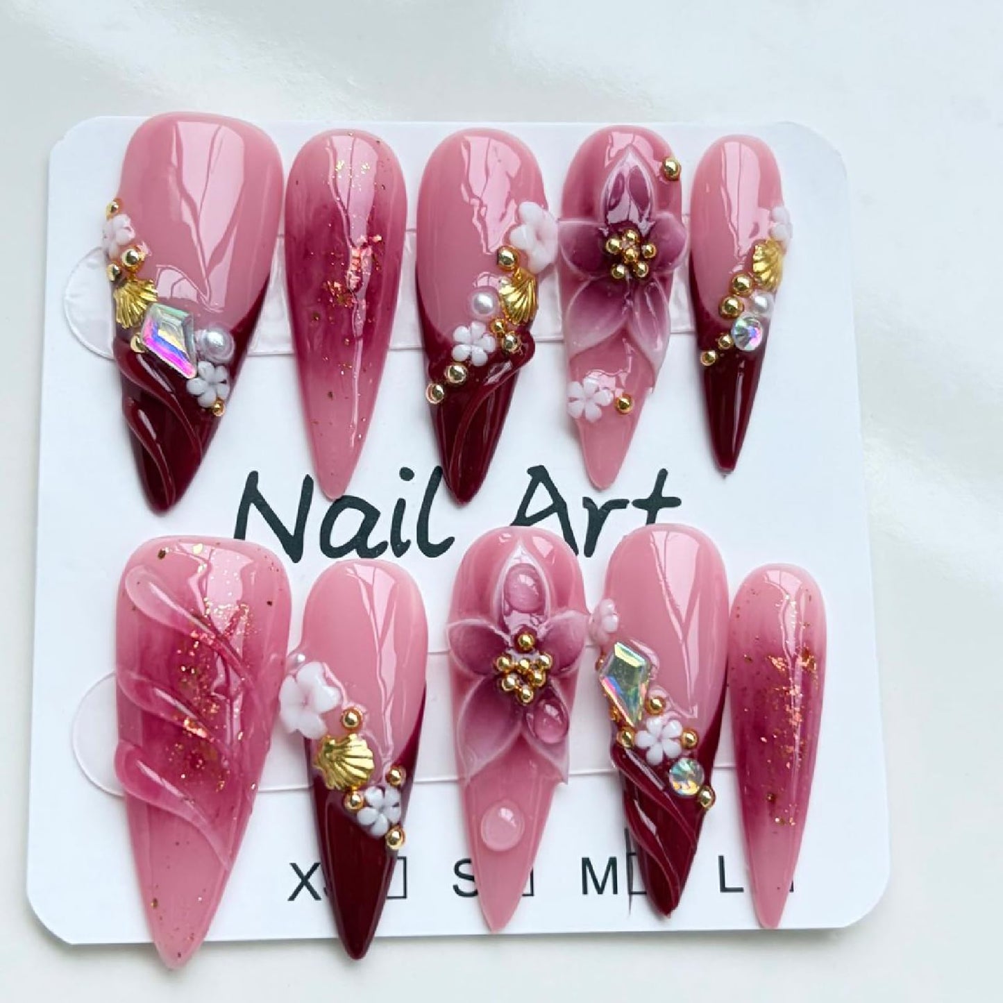 Threelegscat Handmade Press on Nails Long Almond Shape Fake Nails Stiletto Nail With Design for Women and Girls 10pcs Size M Pattern St1161