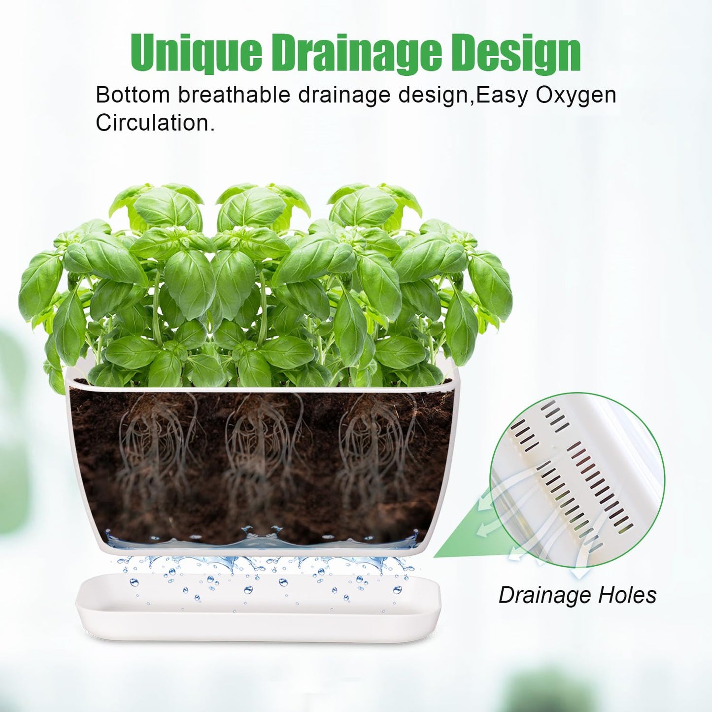 Oliz 4 Set Window Herb Planter Box Rectangular, Green Plastic Planters with Multiple Drainage Holes and Trays,Indoor Succulent Cactus Mint Flower Pot for Windowsill, Garden Balcony