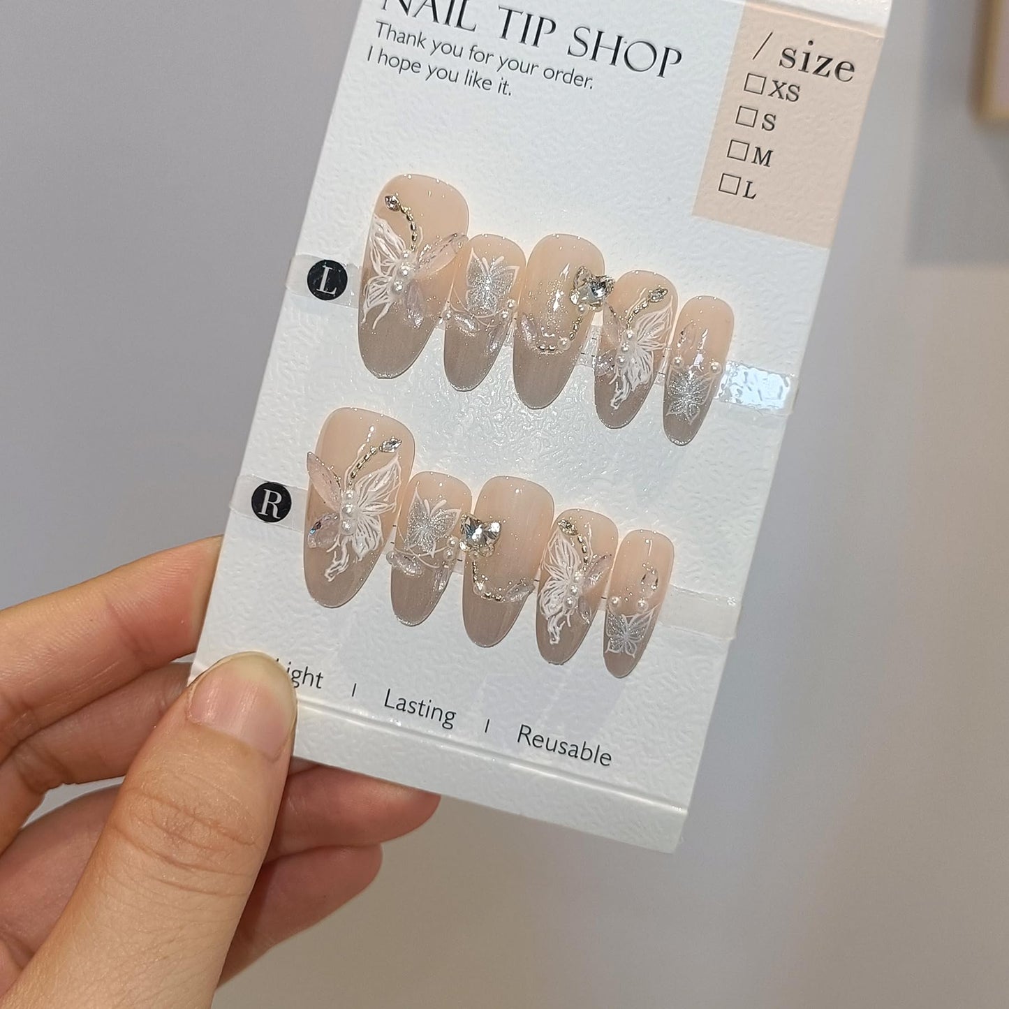 TENPAL 3D Butterfly Cat Eye Glitter French Press on Nails Medium Almond,Galaxy Icy Shimmer Rhinestones Designs with Full Manicure Kit 10pcs(XS)