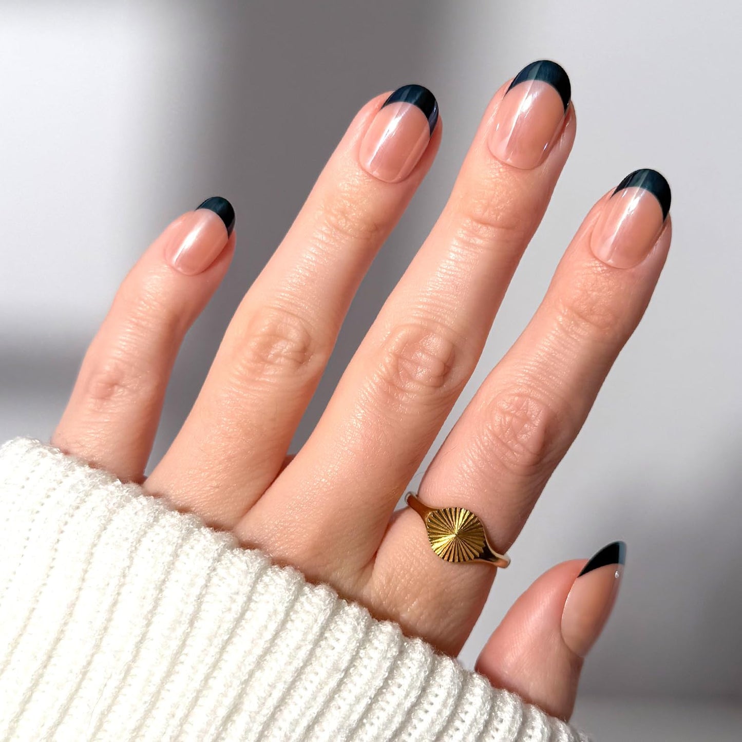 Glamnetic Press On Nails - Short Round Fake Nails, Black French Tip Nails, Onyx Glaze | 12 Sizes - 30 Nail Kit with Glue | Gift for Mom