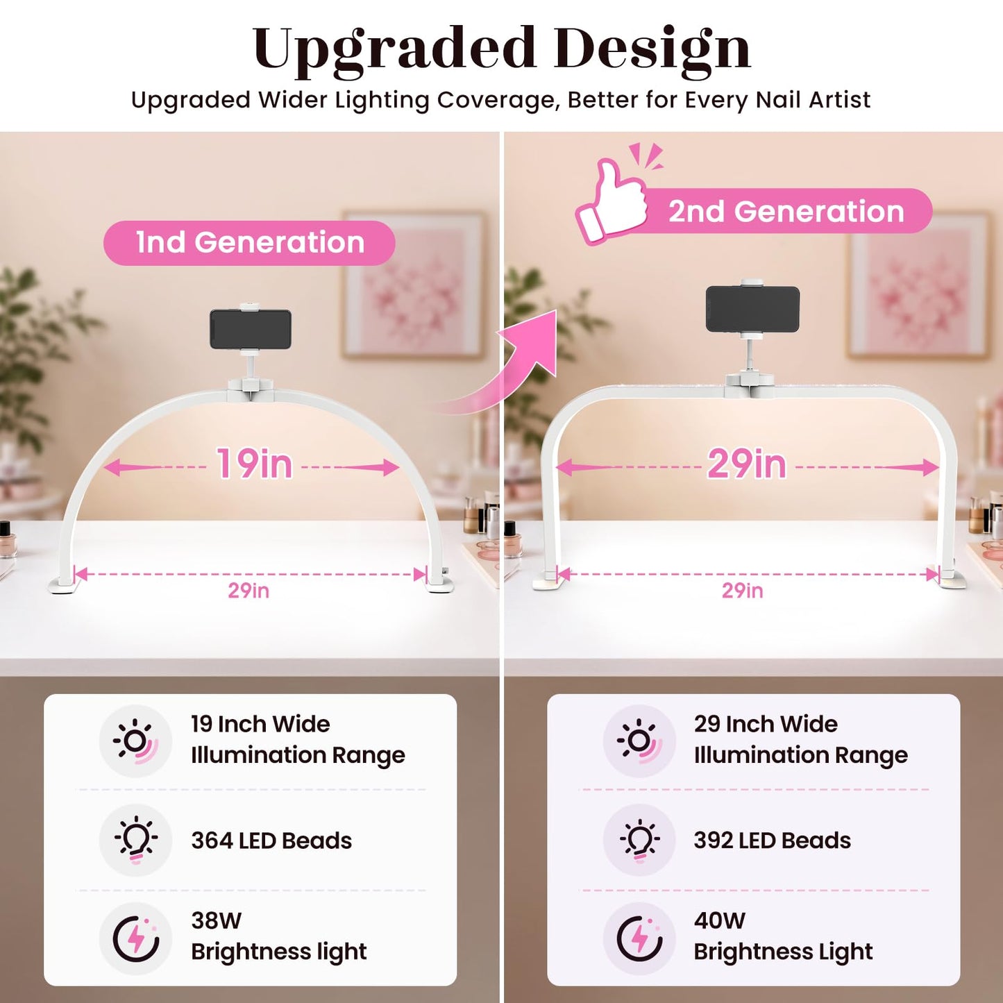 LIONVISON Nail Light for Desk: 29" Foldable Half Moon Light for Nail Tech with Phone Holder - 3 Color Modes & 10 Brightness - 40W Arch LED Nail Desk Lamp for Manicure Salon (with Diamond)