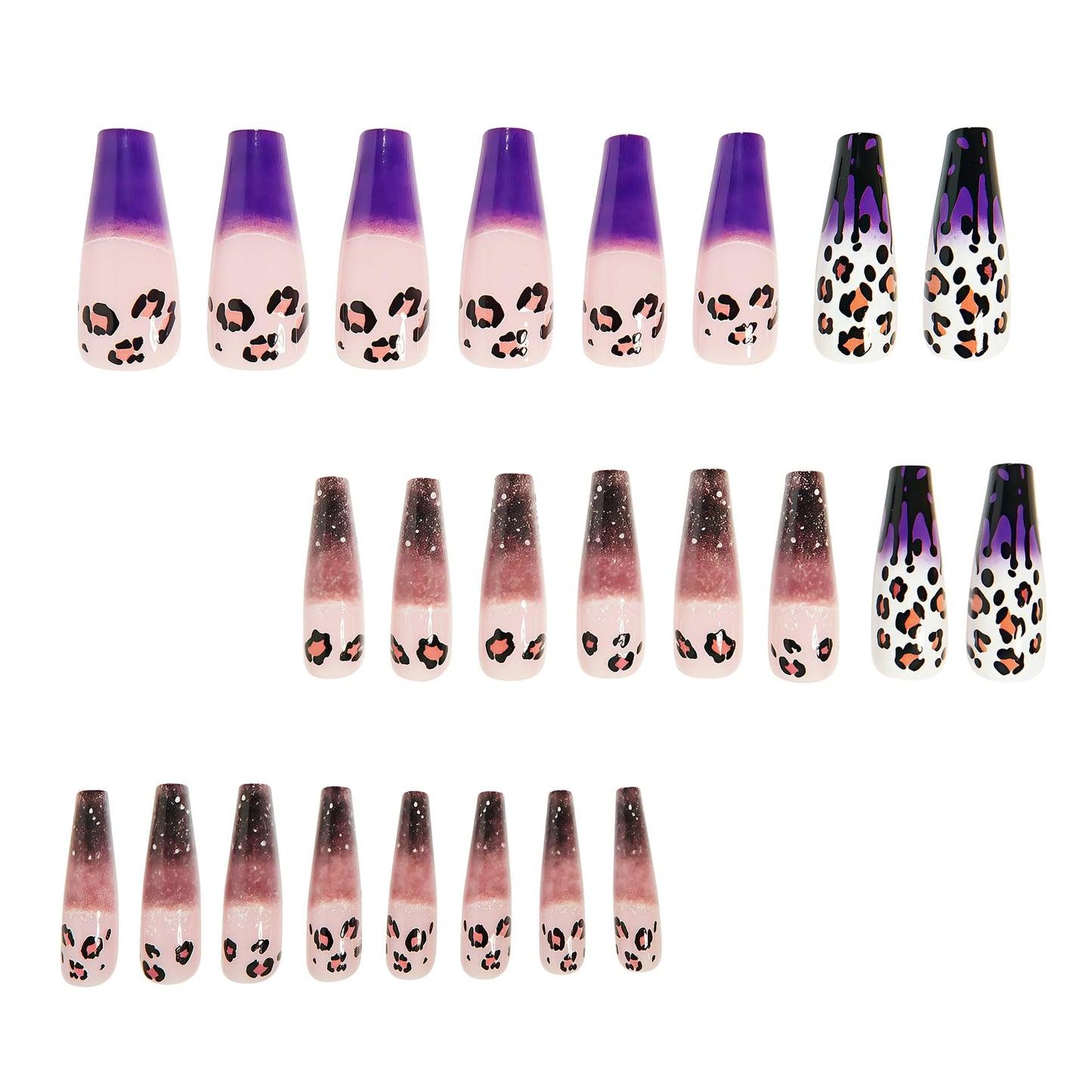 IMSOHOT Leopard Print Press on Nails Long Coffin Fake Nails Purple Gradient Acrylic Glossy False Nails Glitter Ballerina Full Cover Stick on Nails for Women Girls 24Pcs