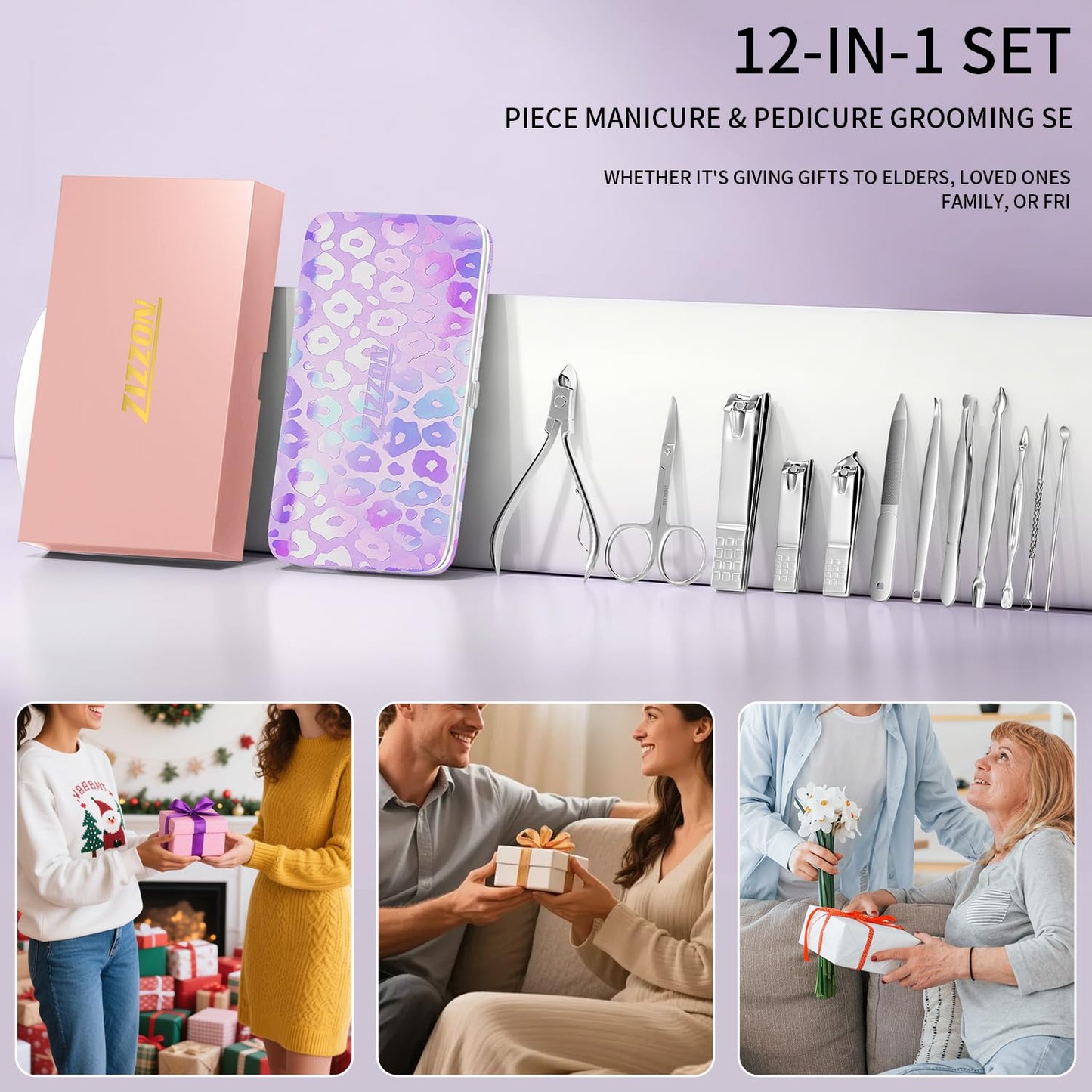 ZIZZON Nail Clippers Kit Manicure Pedicure Set with Holographic Case(Purple)