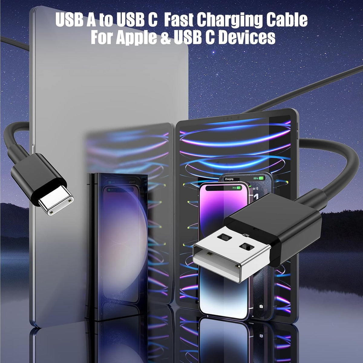 3-Pack Black [3.3FT+3.3FT+6FT] USB A to USB C Cable，USB to USB C Car Carplay Cable for iPhone 16 15 Pro Plus Pro Max，for iPad Pro/Air/Mini，for Samsung S24/S23/S22/S21，for MacBook Pro/Air and More