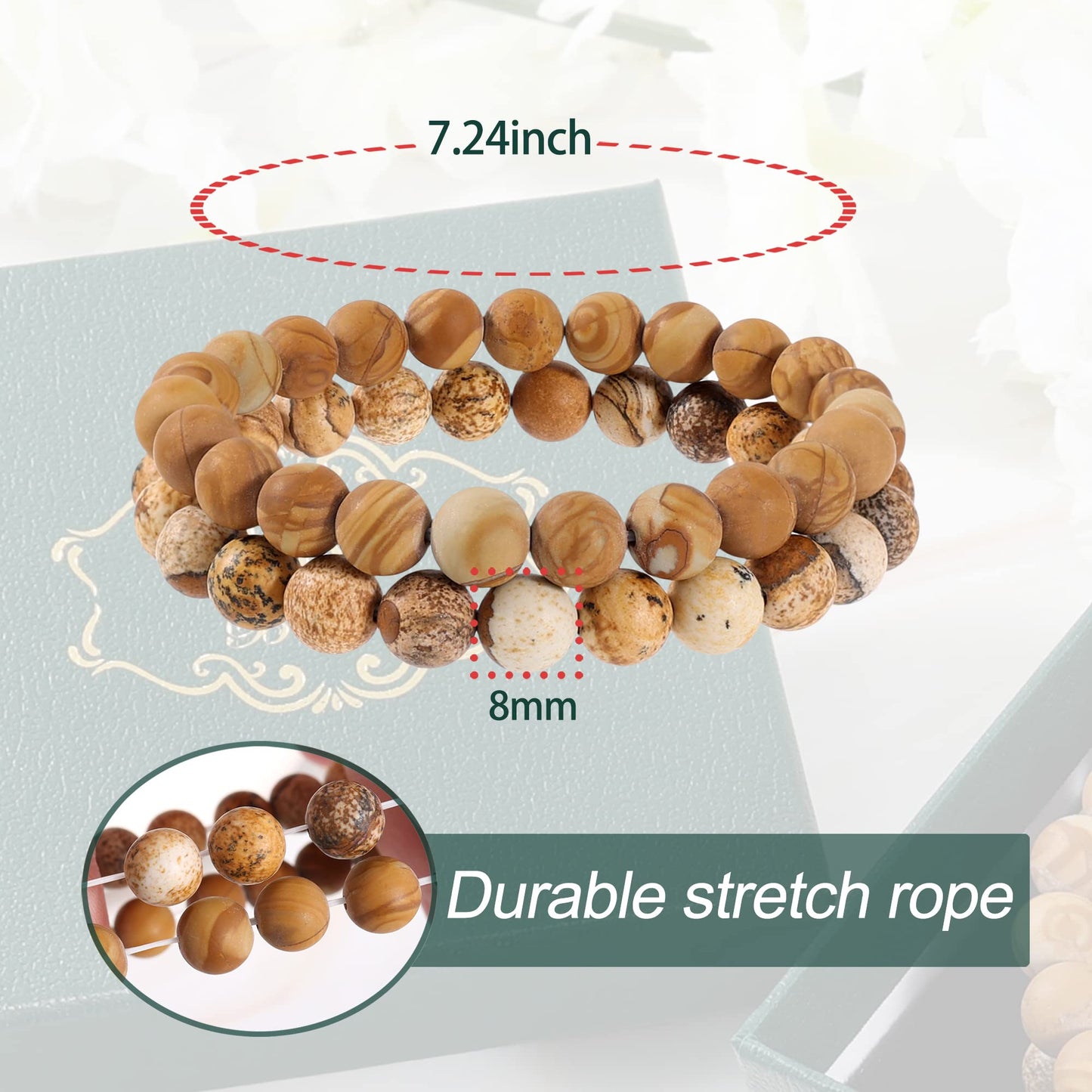 Bivei Natural Gemstone Semi Precious Crystals Handmade Stretchy Round Beads Bracelet, Enhance Positive Energy,Stocking Stuffers for Women(Wood Grain Jasper & Picture Jasper（Creativity） Medium)