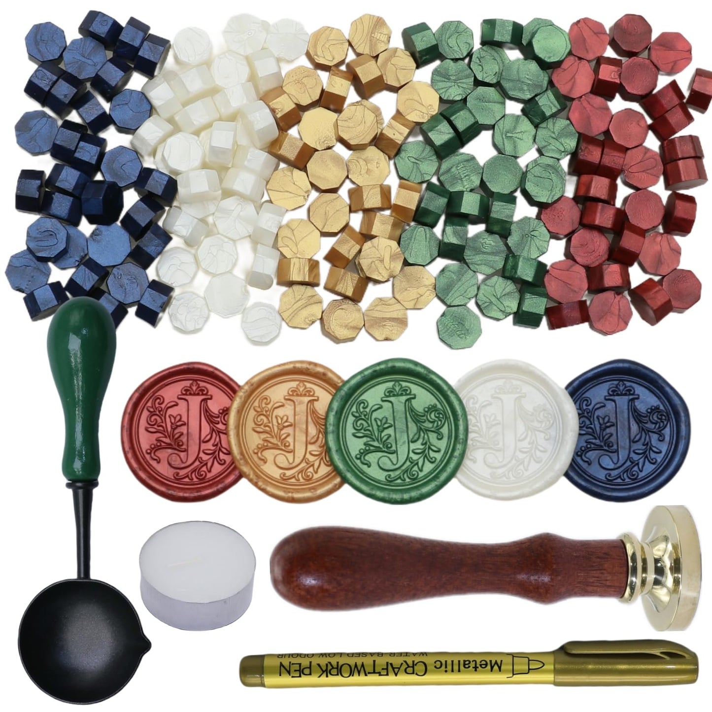 Initial Alphabet Wax Seal Stamp Kit, Retro Letter Sealing Stamp with 150Pcs Sealing Wax Beads Spoon Pen Set for Wedding Invitations Cards Envelopes (J)