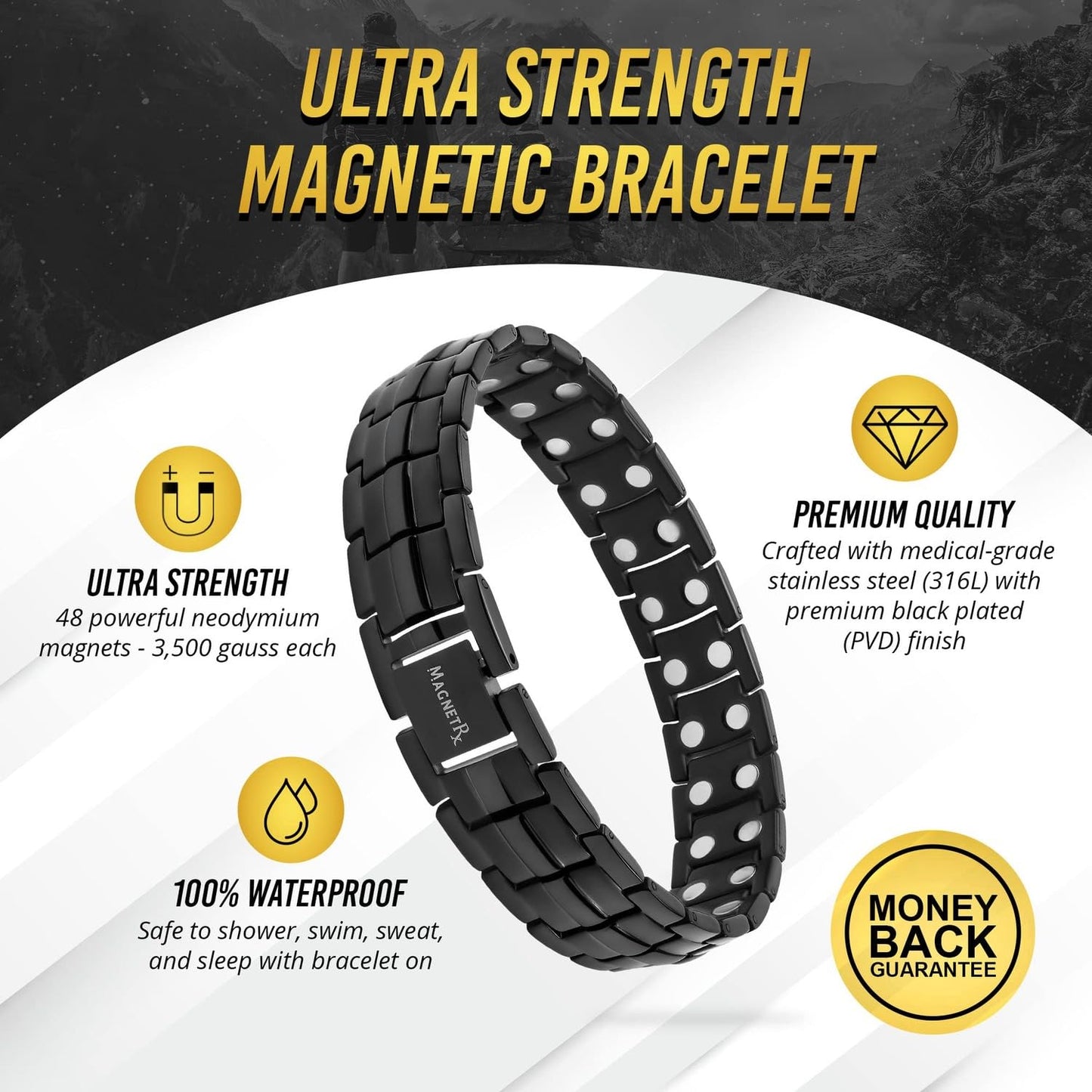 MagnetRX® Ultra Strength Magnetic Bracelet - Effective Stainless Steel Magnetic Bracelets for Men - Adjustable Bracelet Length with Sizing Tool for Perfect Fit (Black)