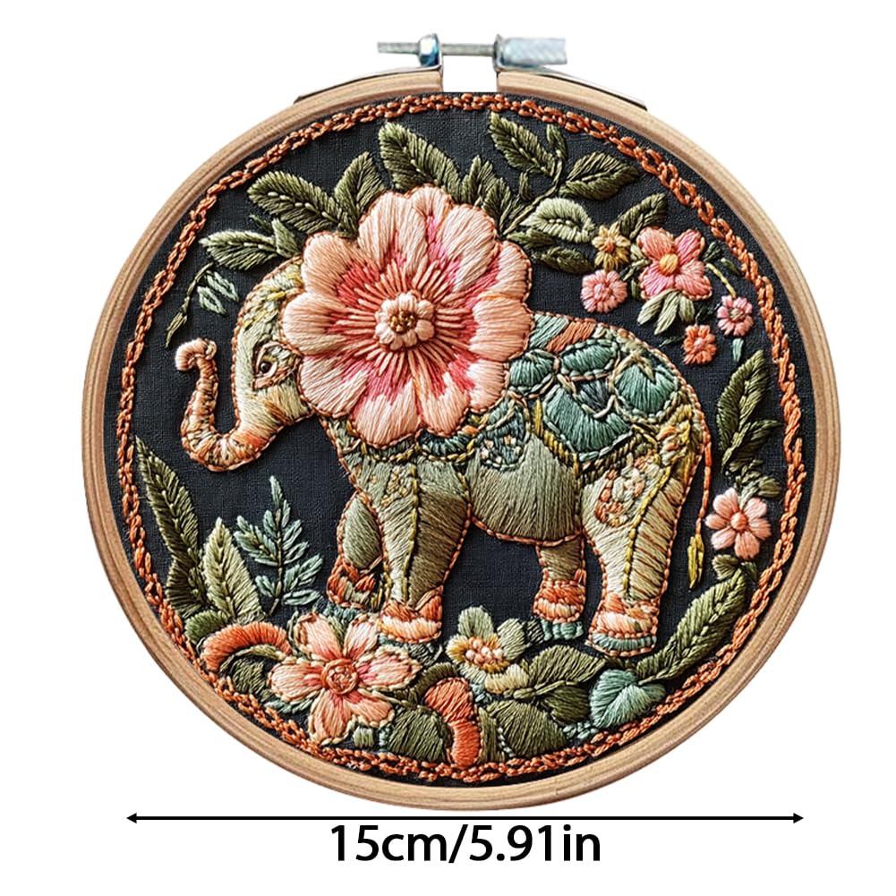 Eforcase Embroidery Starter Kit for Adult Beginner with Cute Elephant Animal Floral Pattern Cross Stitch Hand Embroidery Set DIY Cross Stitch Kits with Hoops Needles Threads