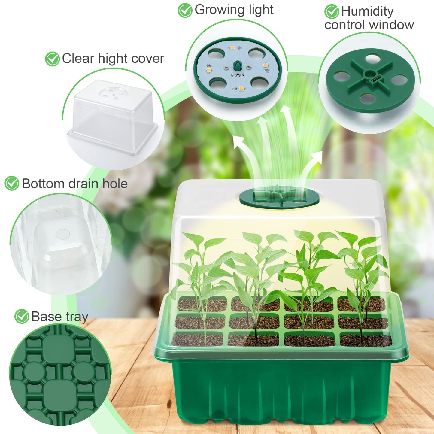 Lunies 6 Packs Seed Starter Tray with Grow Light, Indoor Greenhouse Seeding Starter Trays for Planting, Base Gardening Plant Germination Kit, Seed Starter Kit with Humidity Domes, (12 Cells per Tray)