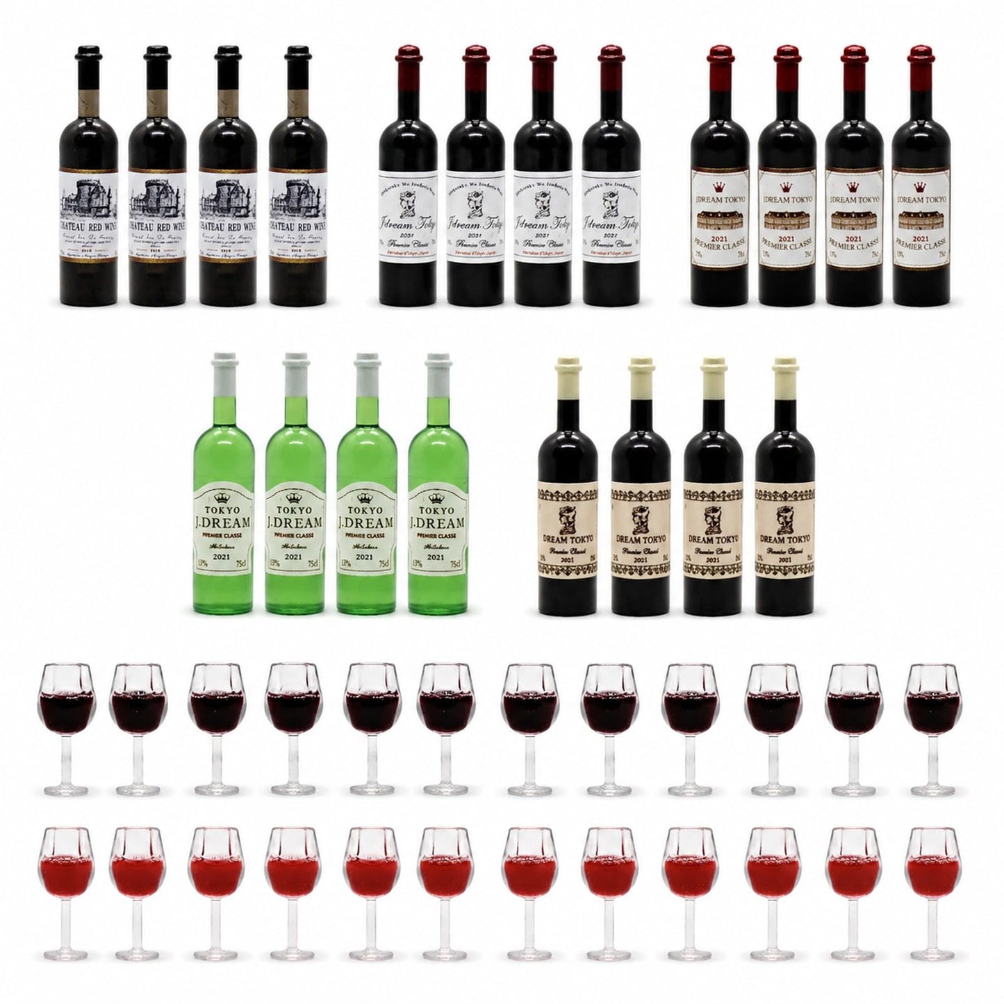 LUOZZY 44 PCS 1:12 Miniature Red Wine Bottle & Cup Tiny Dollhouse Wine Bottles Mini Wine Glasses Dollhouse Champagne Bottles Dollhouse Kitchen Accessories