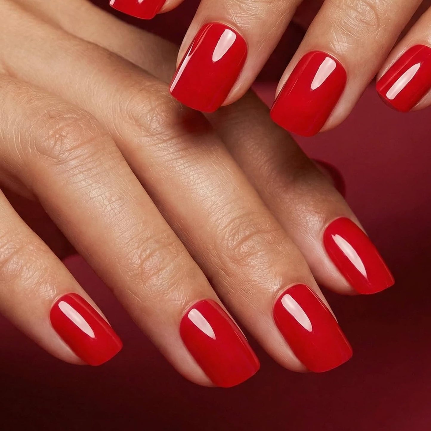 Red Short Press On Nails, Glossy Classic Red Square Shape, Bold Salon Quality False Nails, Elegant Chic Style, 24 Pcs for Women