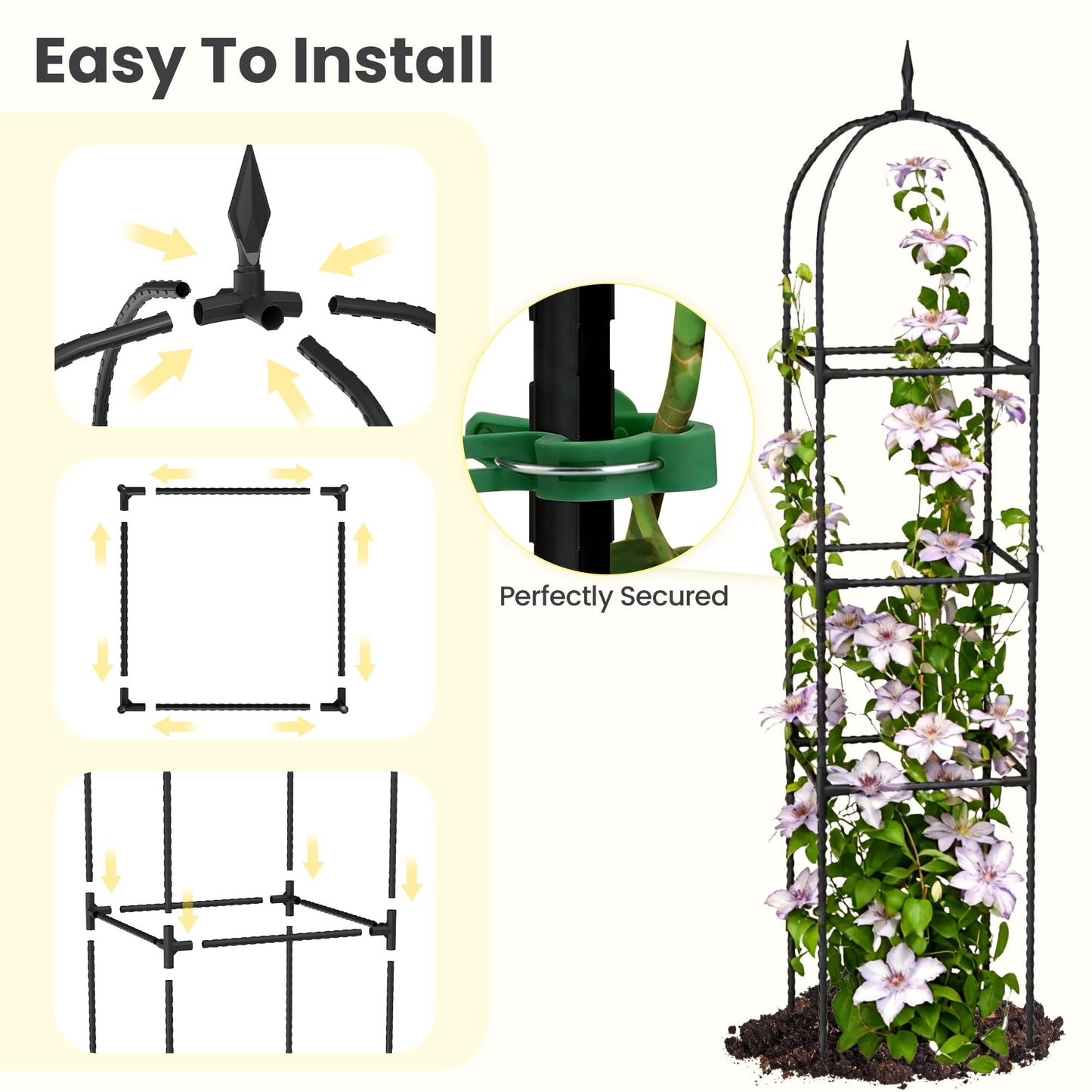 2 Pack 70.87" Garden Obelisk Trellis for Climbing Plants – Rustproof Metal Plant Tower, Pyramid Design for Roses, Clematis, Jasmine, and Vegetable Vines, Indoor & Outdoor Use, Black