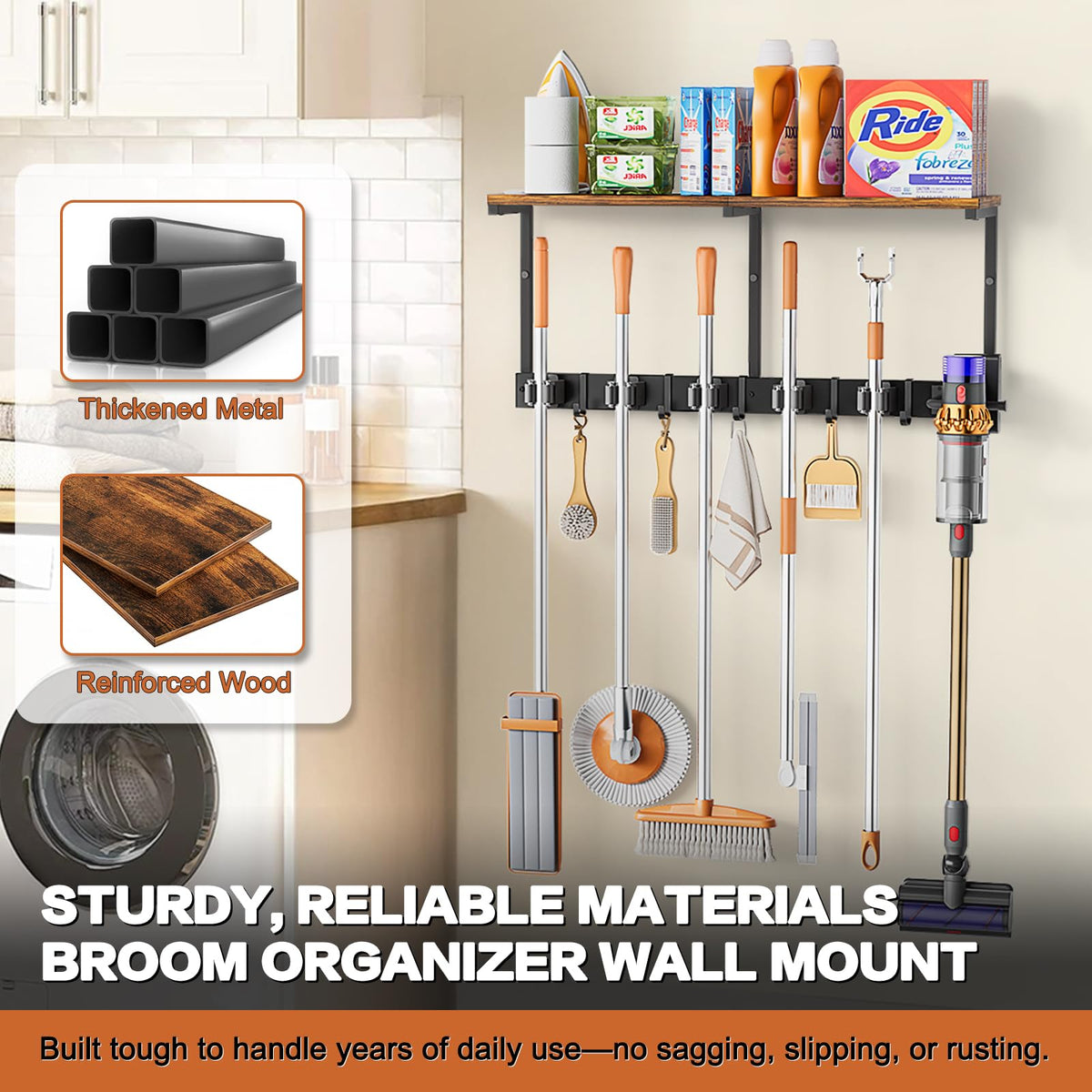 Broom Holder Wall Mount with Cleaning Supplies Organizer